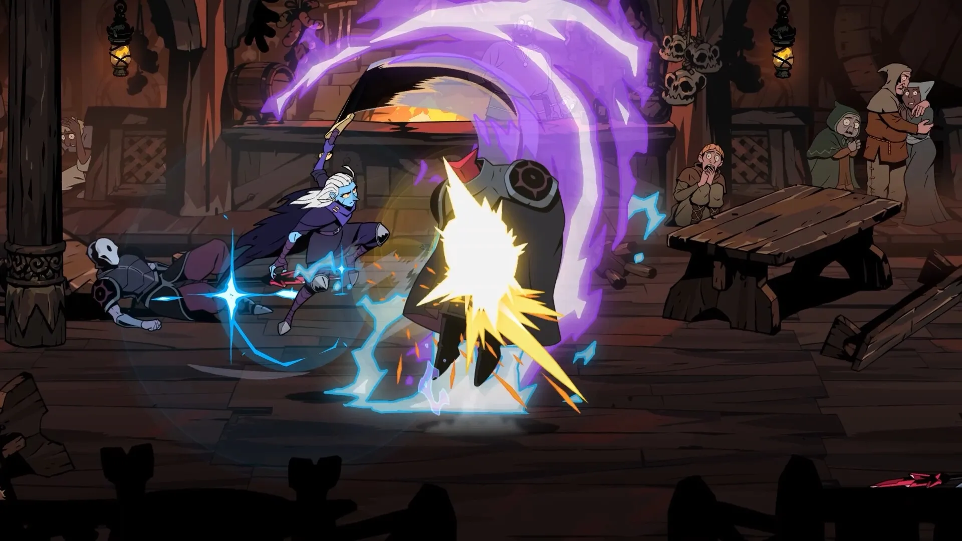 Absolum: Intense combat as hero strikes enemy in dimly lit tavern, villagers watch in fear