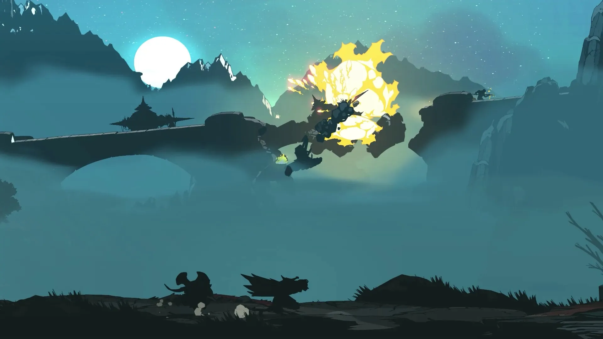 Absolum: Explosive combat on a misty bridge under a full moon with silhouetted mountains in the background