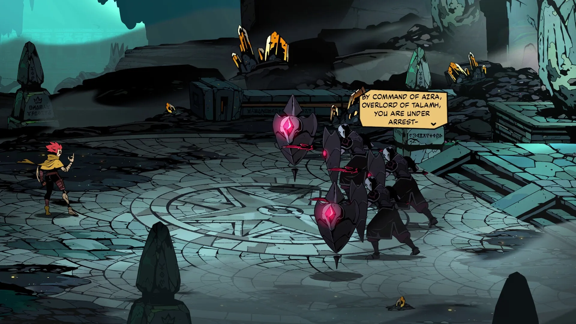 Absolum: Lone hero faces robotic guards in ancient ruin with dialogue from Overlord Azra's minion