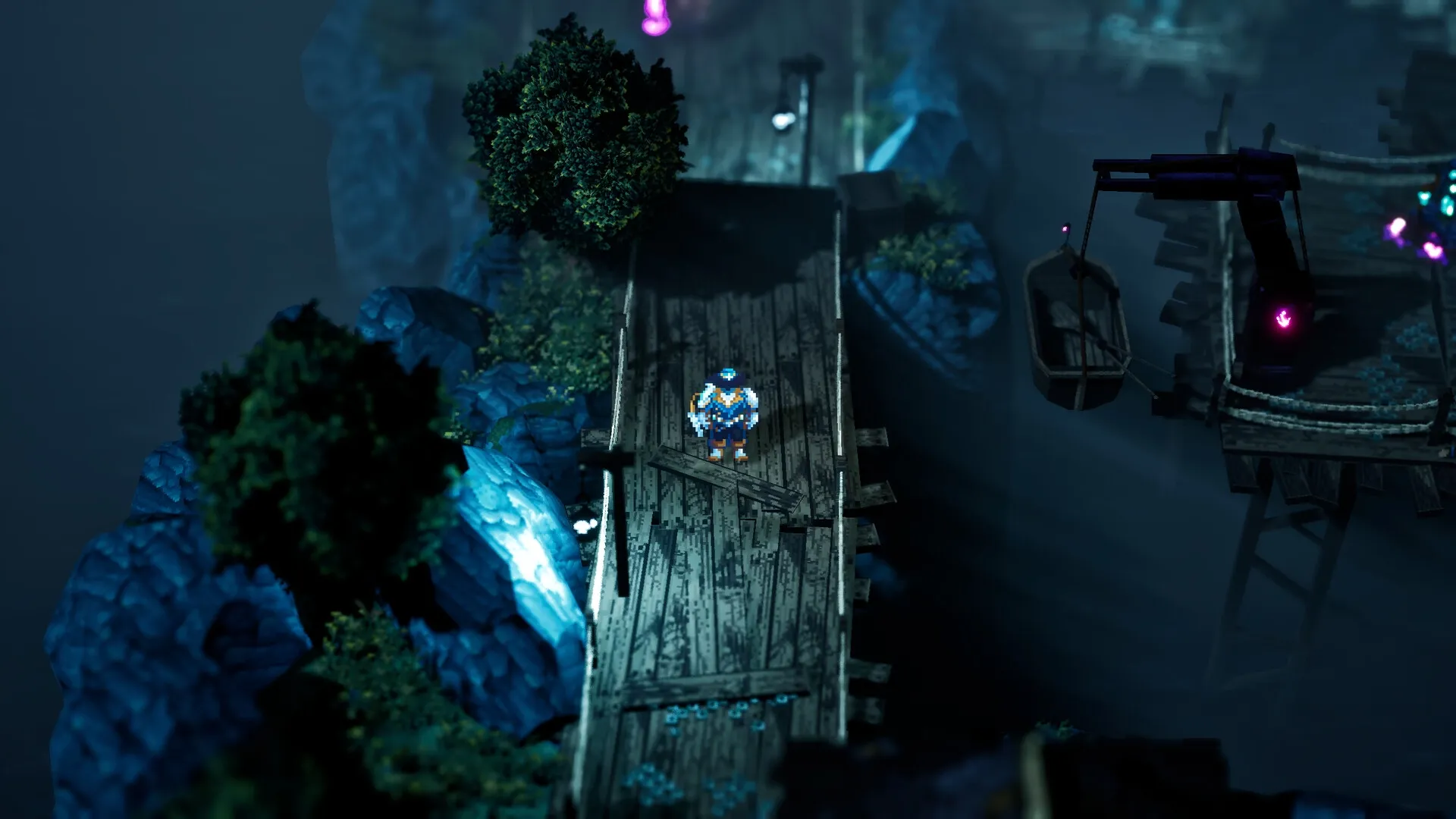 Absym: Player character on a wooden bridge with glowing crystals and a small boat on the right side