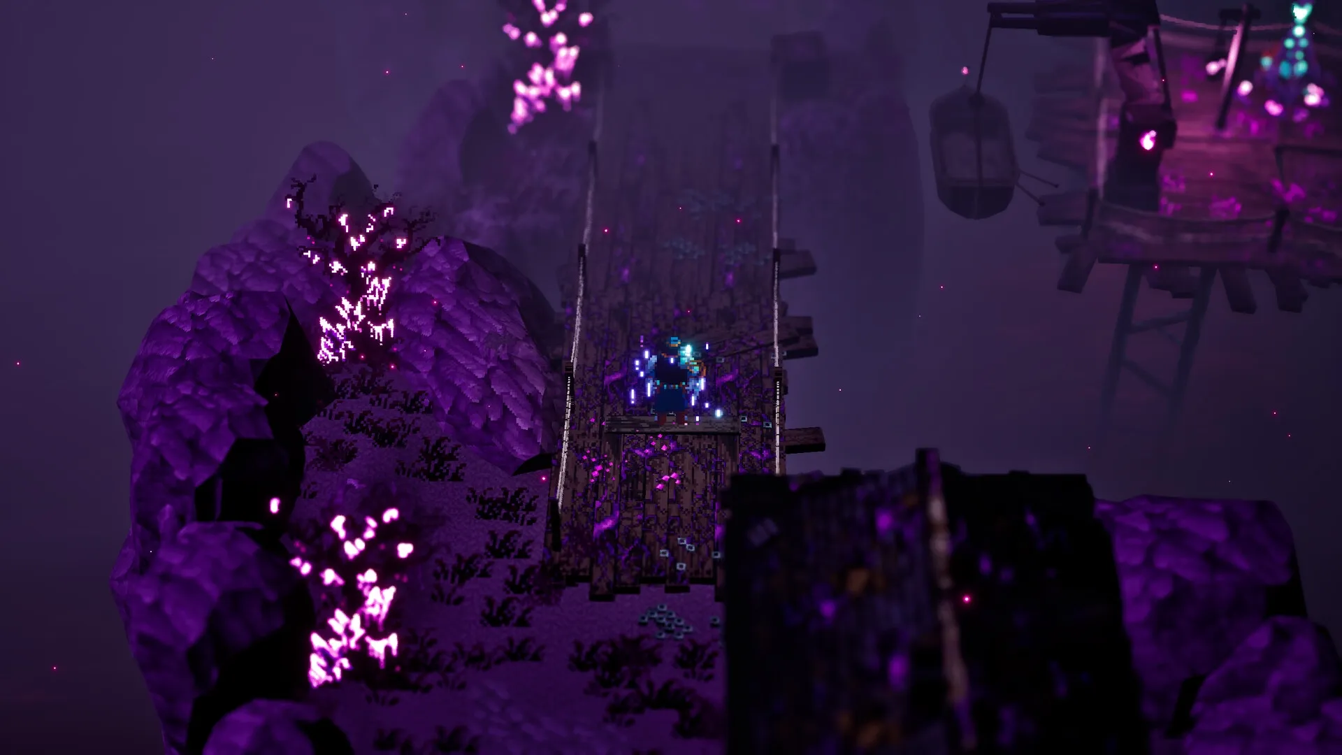 Absym: Player character on a wooden bridge surrounded by glowing purple crystals in a dark environment.