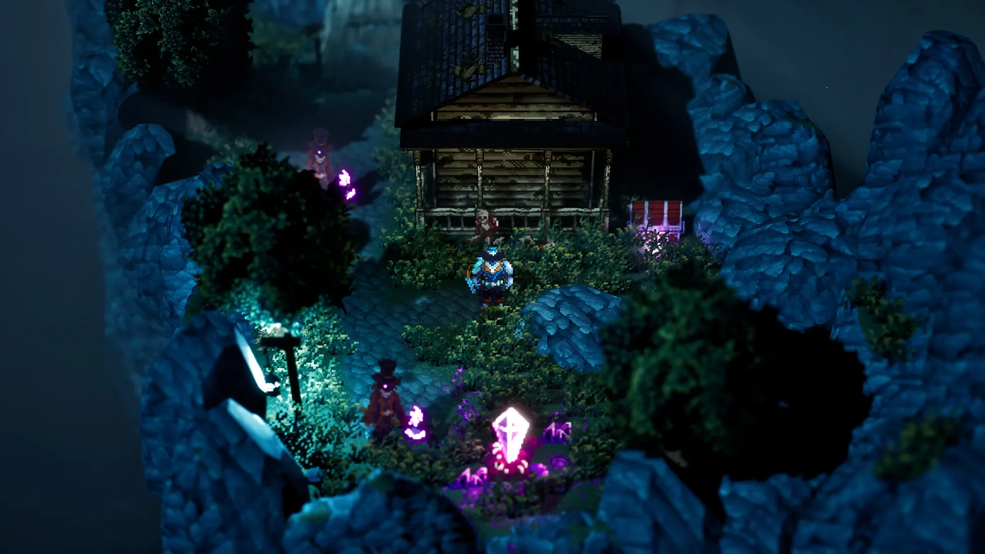 Absym: Player explores dark forest clearing near cabin with glowing crystals and mysterious figure nearby.