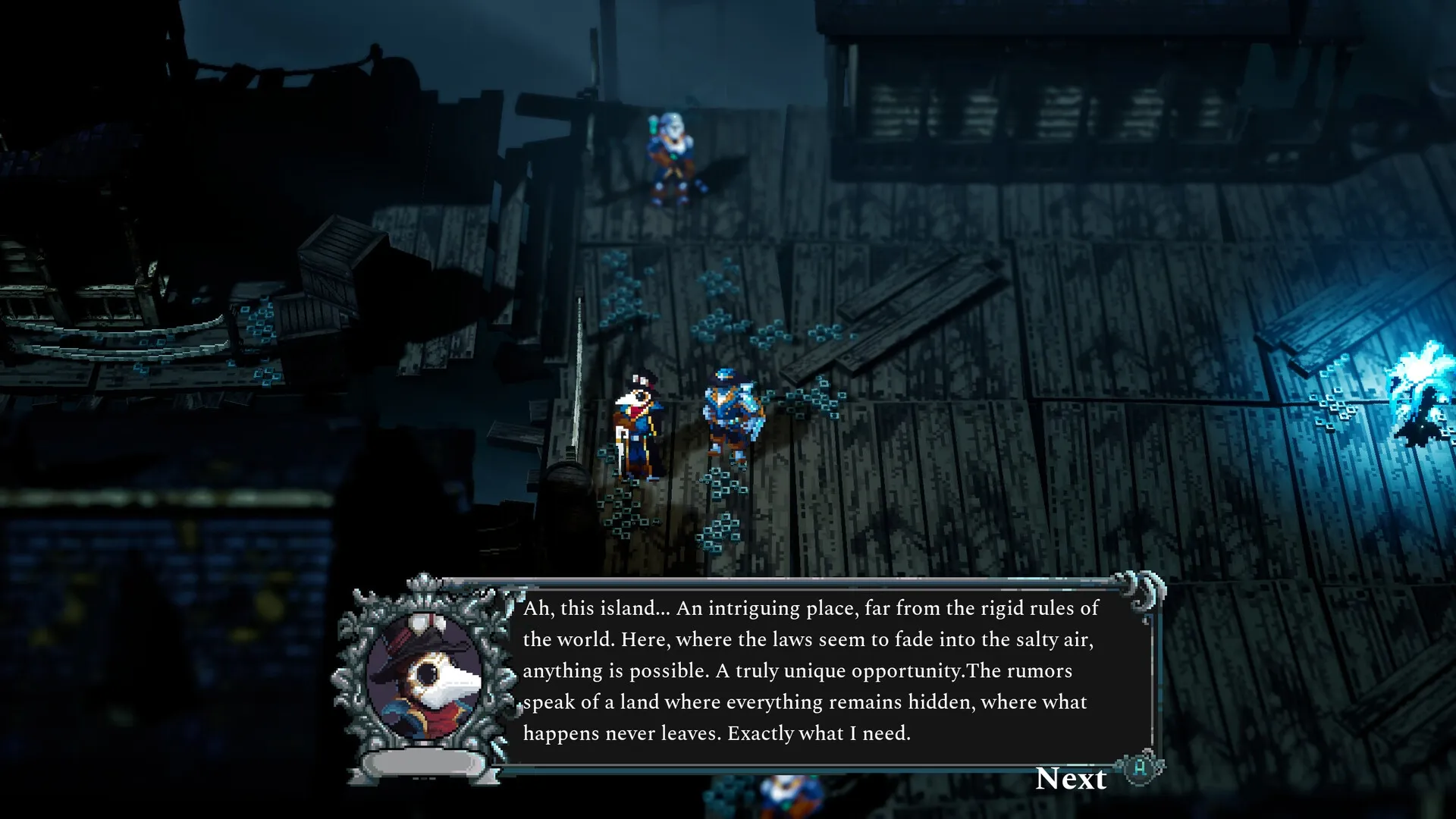 Absym: Two characters converse on a decaying dock, surrounded by glowing blue elements and wooden crates.