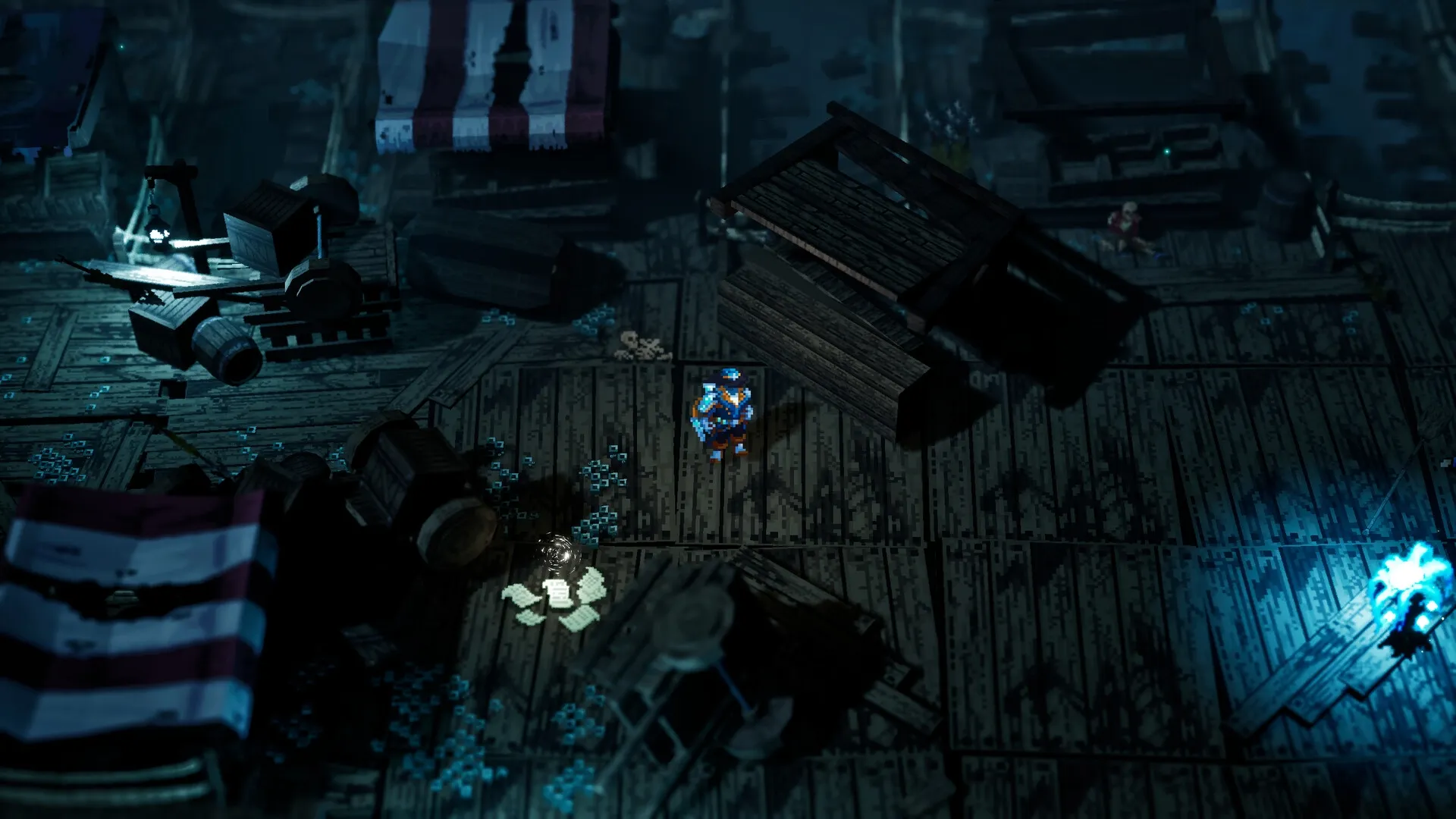 Absym: Lone character standing on a dimly lit wooden dock surrounded by crates and glowing blue lights