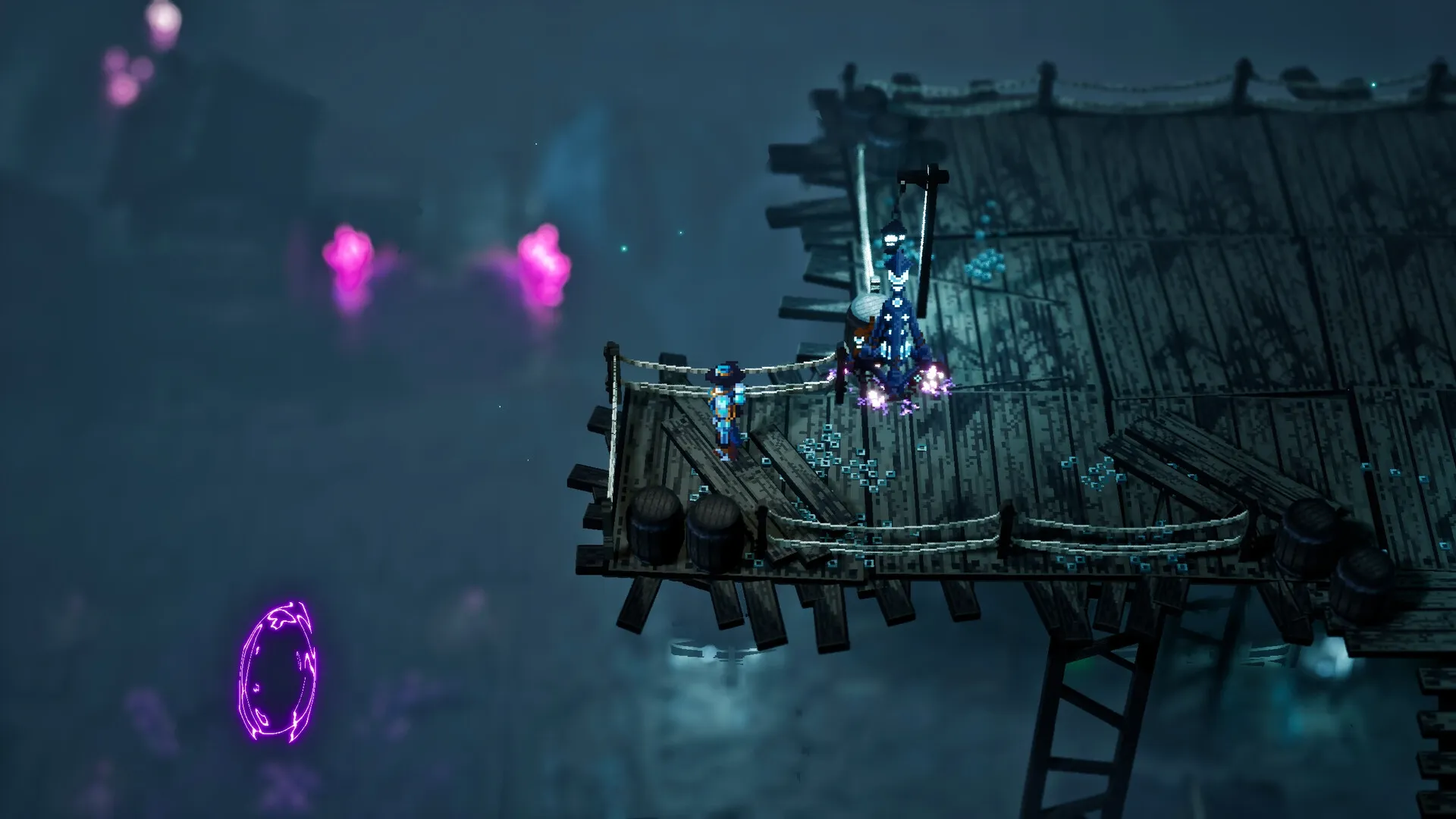 Absym: Character stands on a wooden platform near glowing portal and pink orbs in a misty environment.