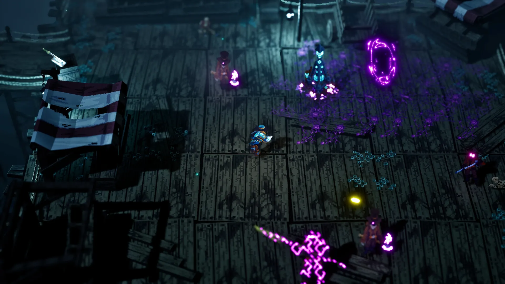 Absym: Player navigates a dimly lit wooden pier, surrounded by glowing purple enemies and portals.