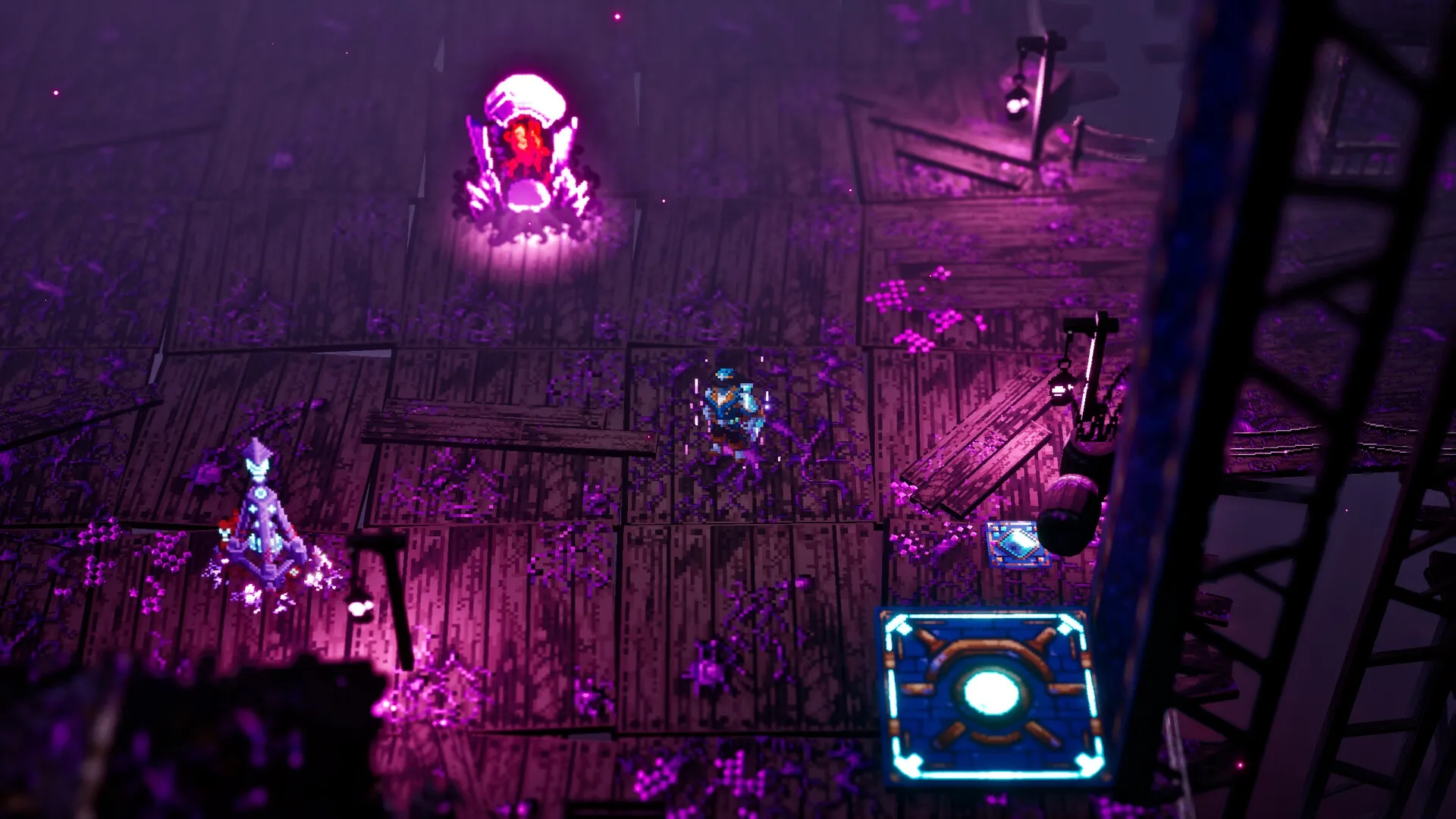 Absym: Player explores glowing, purple-tinted wooden platform with mysterious altar and neon symbols.