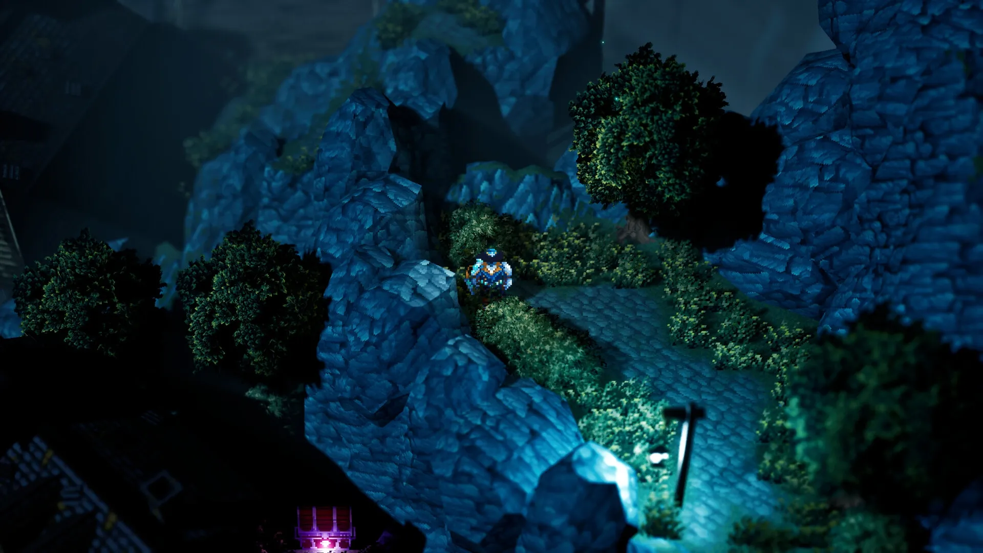 Absym: Character exploring rocky path surrounded by dense trees and glowing purple chest nearby