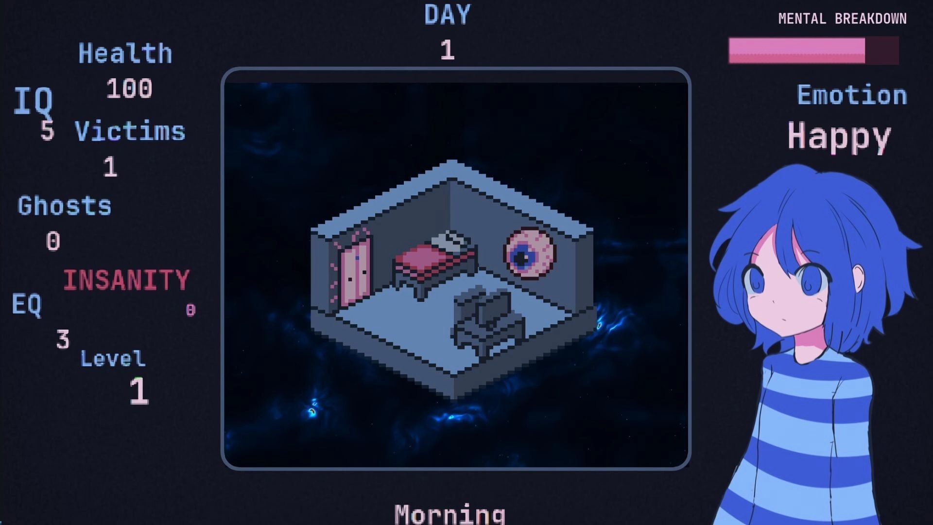 Abulia: Character stats display with pixel art room, showing health, IQ, EQ, and mental breakdown bar.