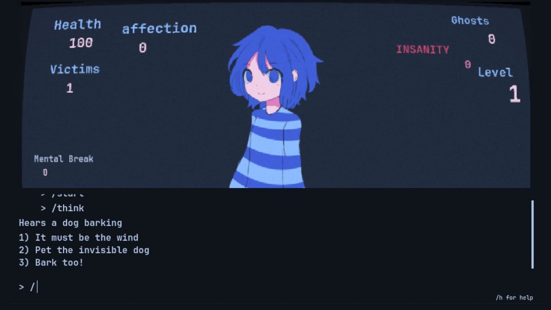 Abulia: Character stats interface and text options with blue-haired character in striped sweater