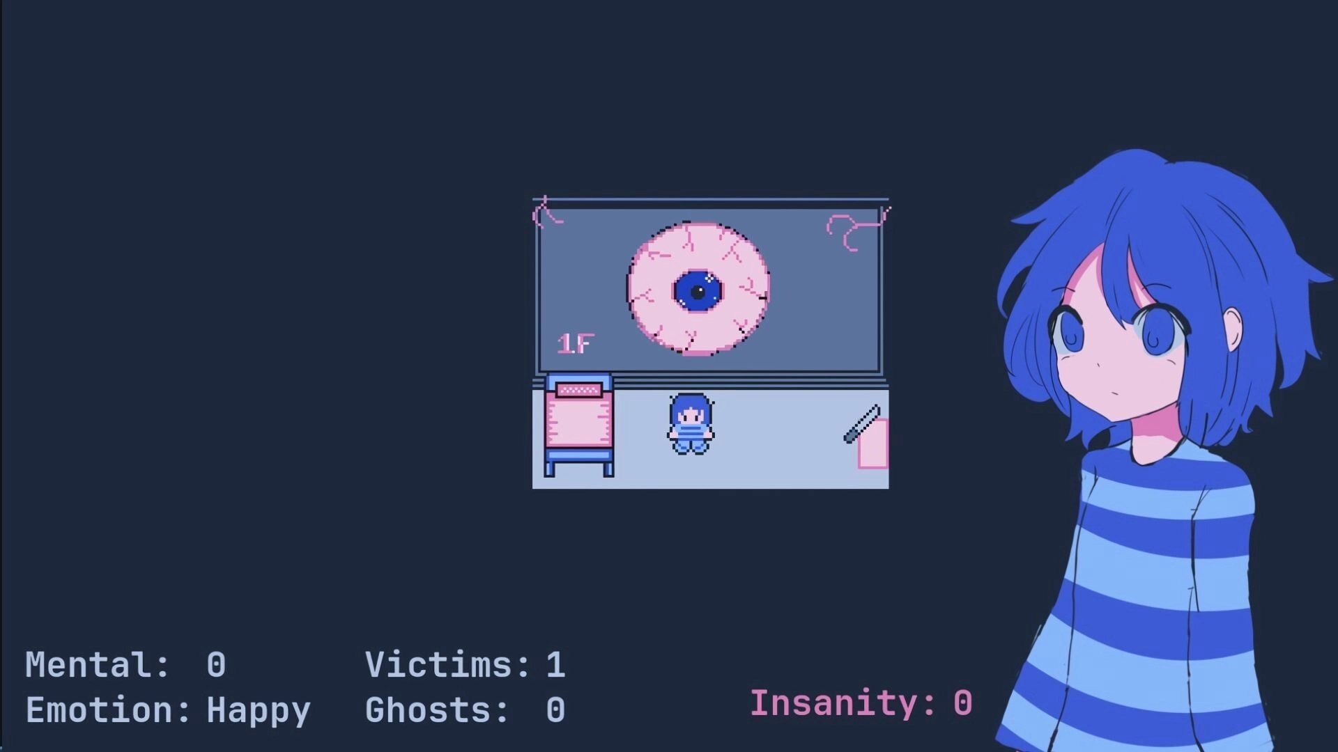 Abulia: Character stands in room with giant eye mural, interface displays mental, emotion, and insanity stats.