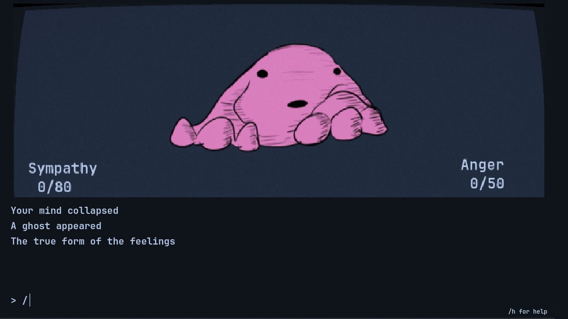 Abulia: Pink ghost-like creature with Sympathy and Anger stats displayed in a dark, text-based interface.