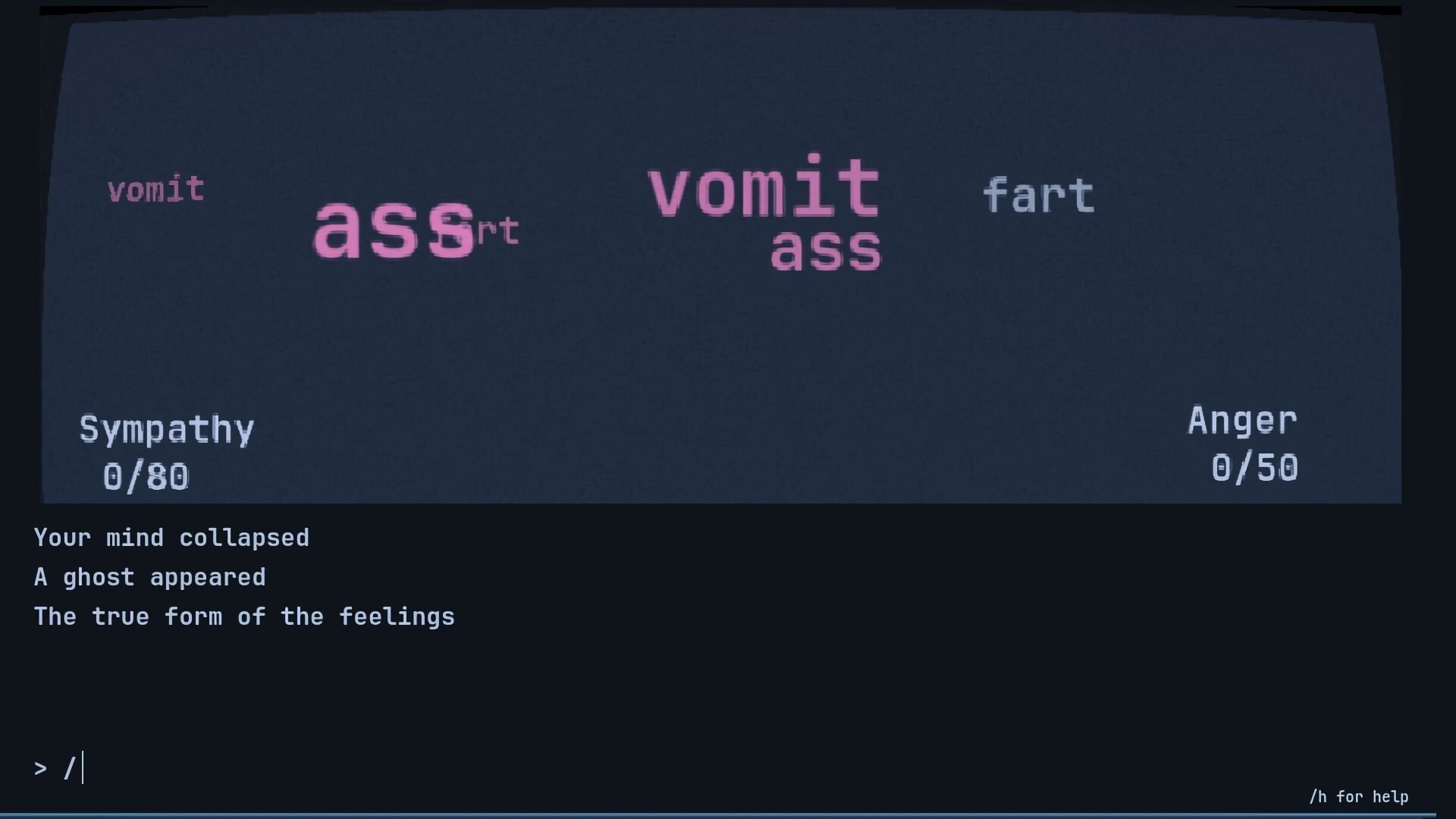 Abulia: Typing battle with words "vomit" and "fart," showing Sympathy and Anger scores in dark UI