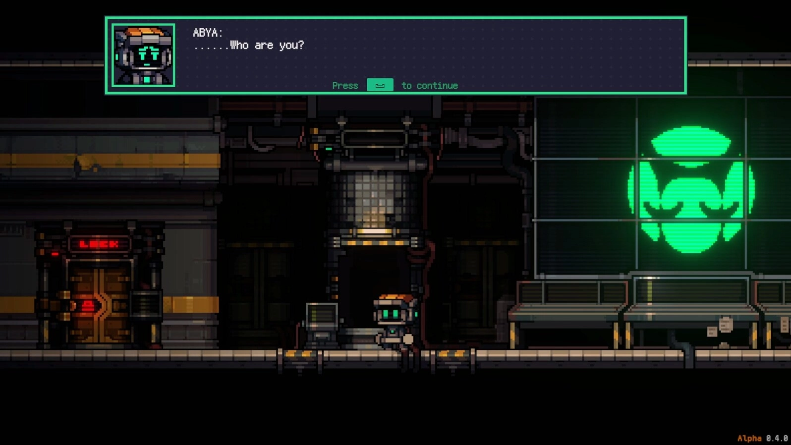 ABYA: Robot ABYA encounters a locked door in a dimly lit underground ruin, dialogue box active.