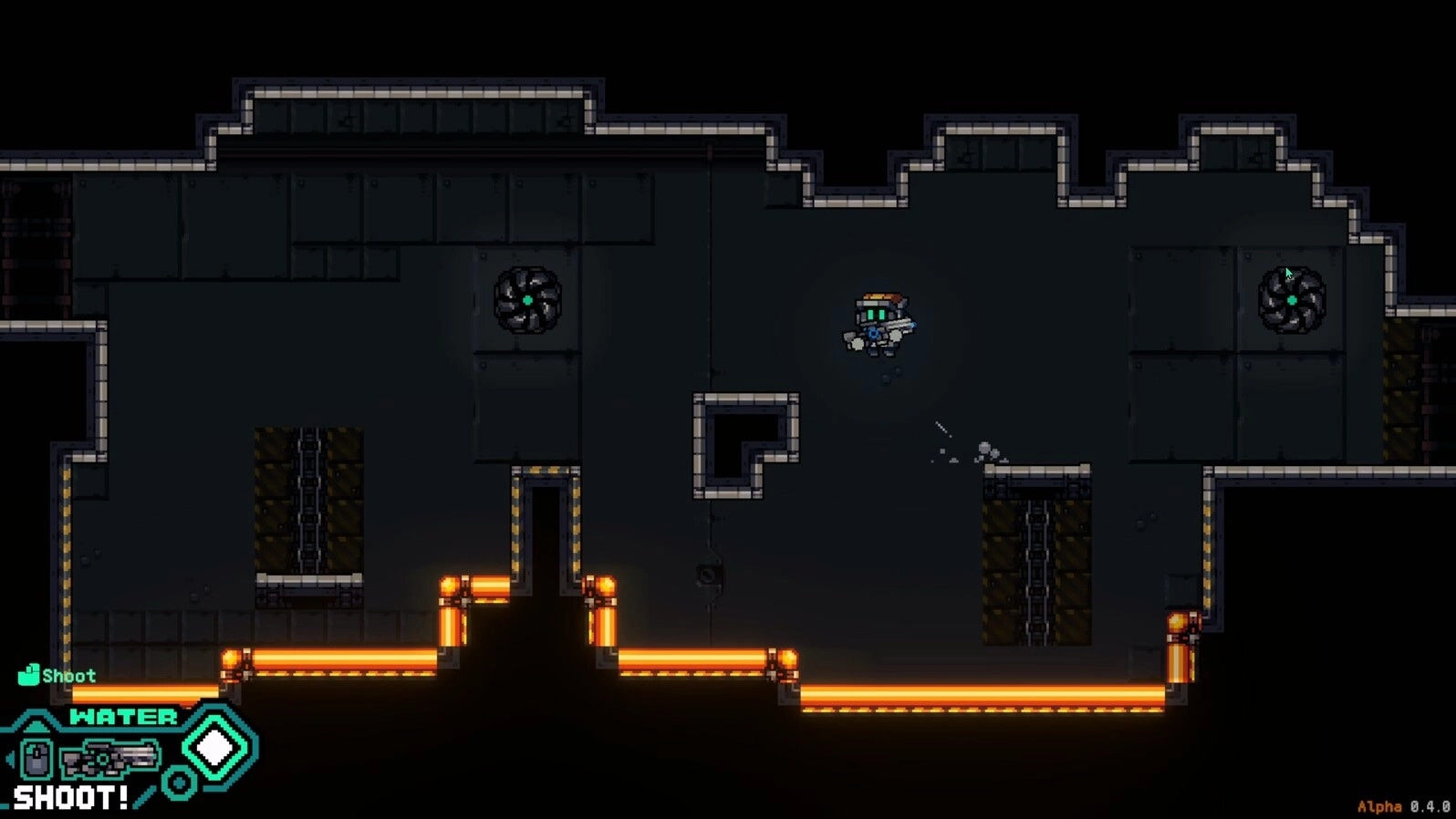 ABYA: Robot ABYA jumps in dark ruins with glowing pipes, aiming water gun; UI shows water ammo.