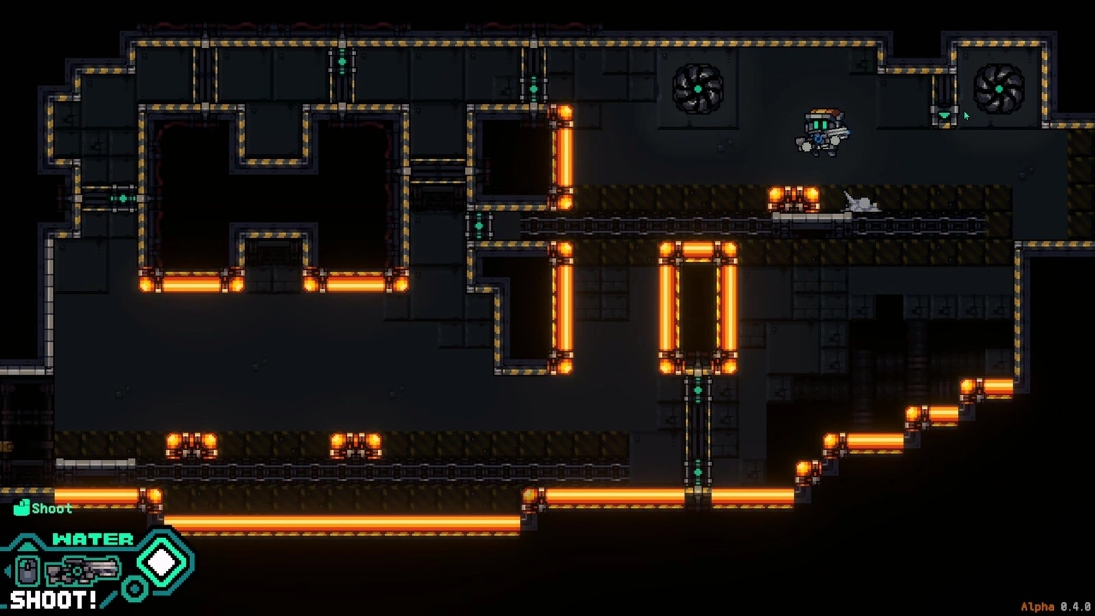 ABYA: Robot ABYA navigates neon-lit underground maze with water gun, preparing to shoot obstacles.