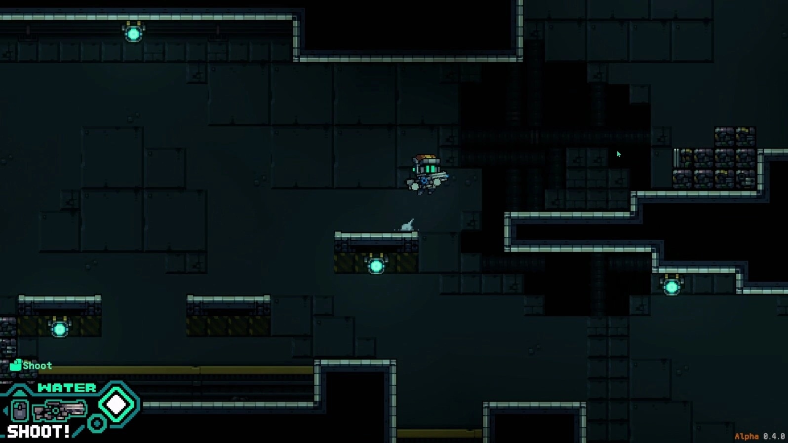 ABYA: Robot ABYA jumps over platforms in dark ruins with water gun and glowing orbs visible