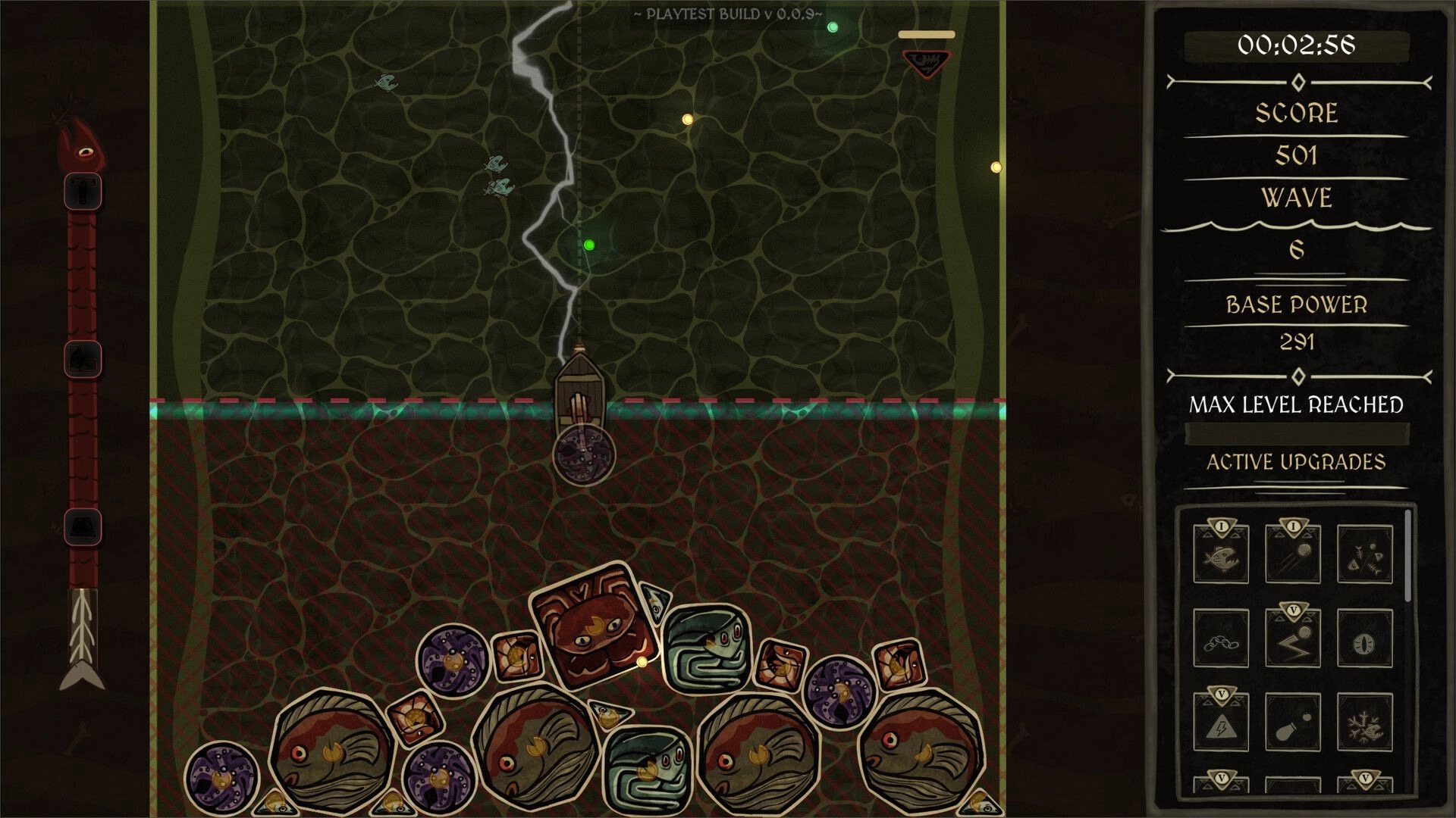 Abyssal Merge: Boat fires lightning upward while fish tiles cluster in net over dark waters.