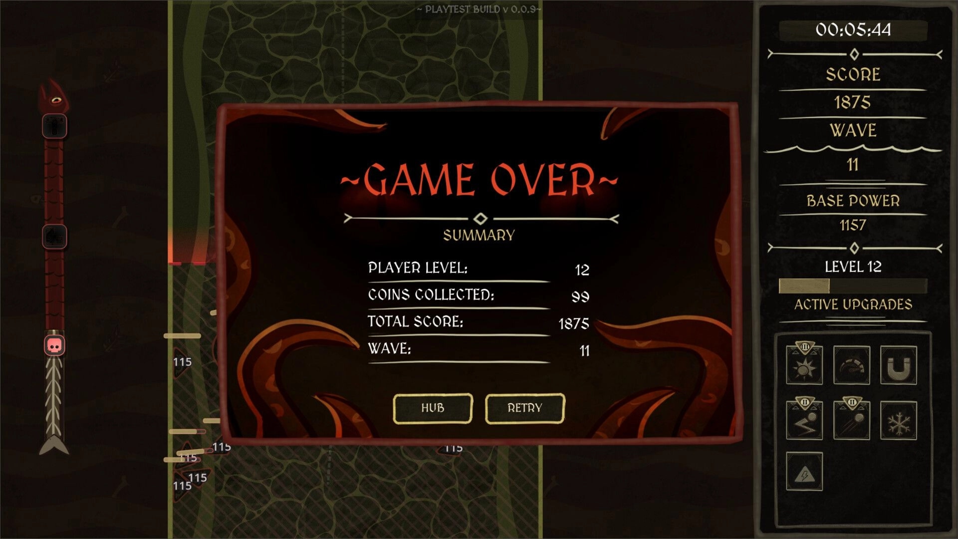 Abyssal Merge: Game Over summary with level 12, wave 11, score 1875 over ocean map UI backdrop.