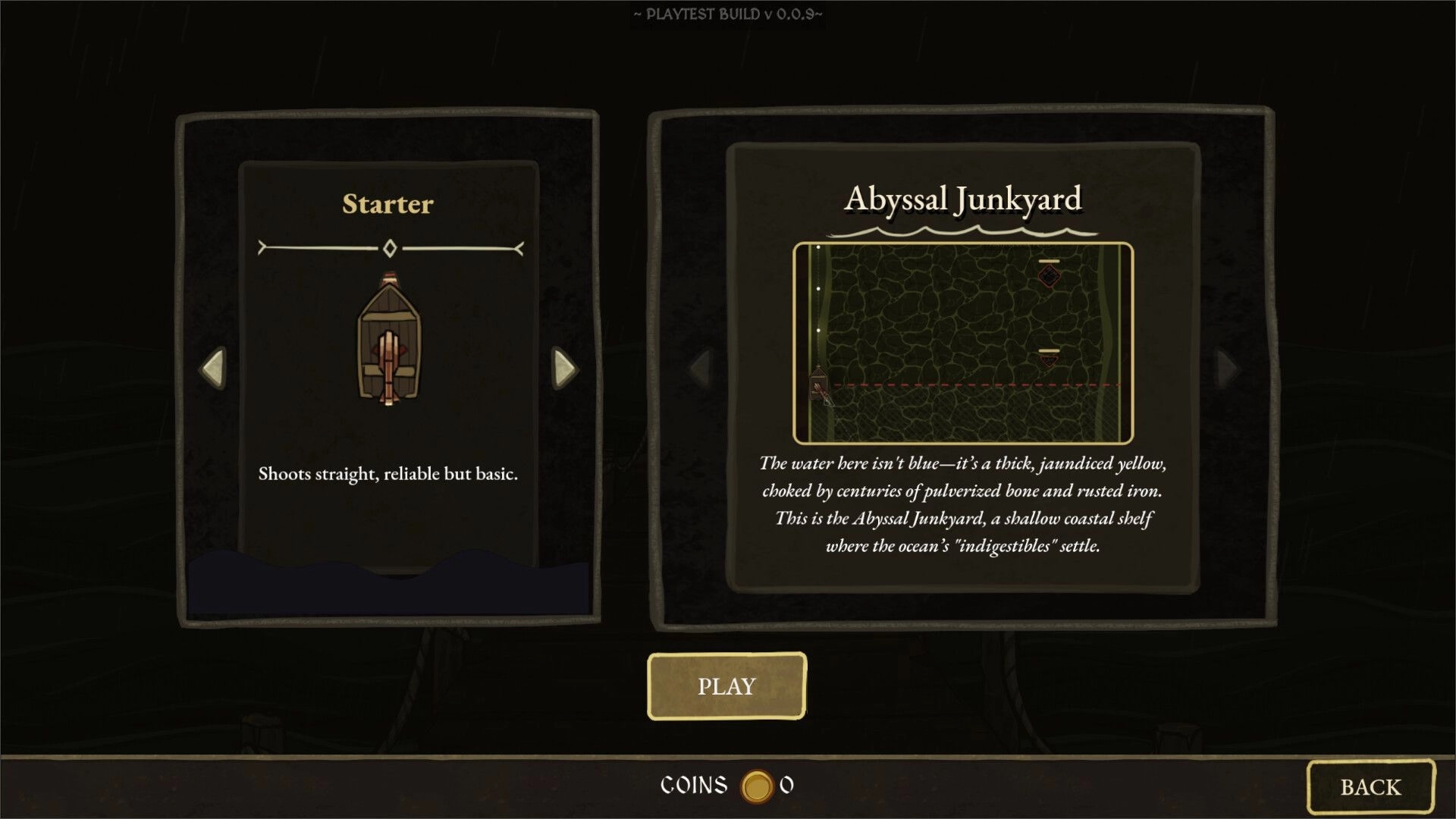 Abyssal Merge: Starter boat and Abyssal Junkyard map selection screen with Play and Back buttons.