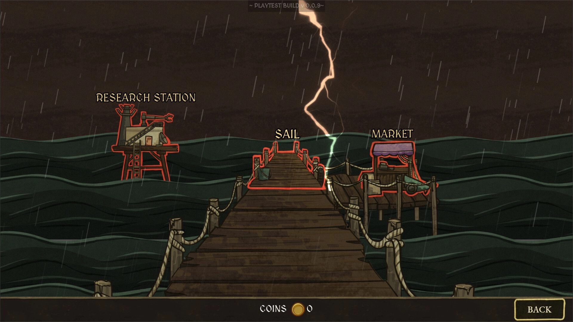 Abyssal Merge: Dock hub menu with Sail, Market, Research Station options in stormy seas.