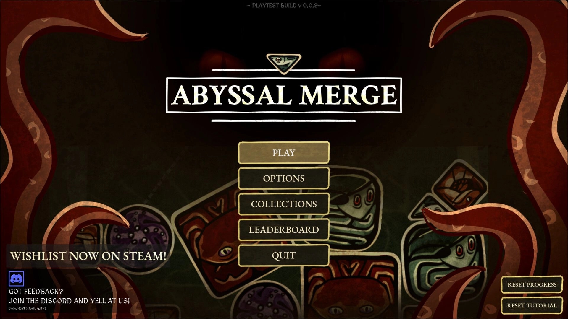 Abyssal Merge: Main menu with Play, Options, Collections, Leaderboard, Quit over tentacles backdrop.