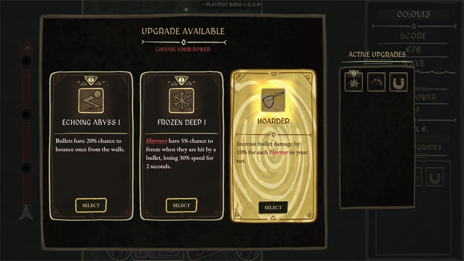 Abyssal Merge: Upgrade available card choice menu with Echoing Abyss, Frozen Deep, Hoarder UI overlay.