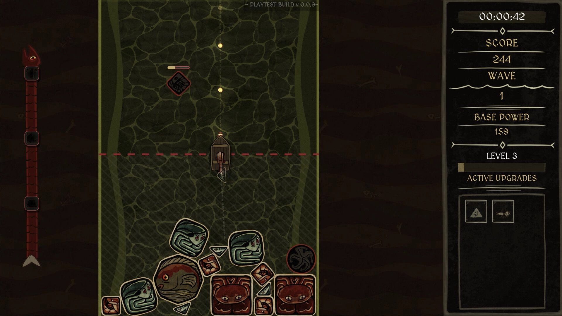 Abyssal Merge: Boat dodges fish tiles and hazards on a dark ocean grid with timer and score HUD.