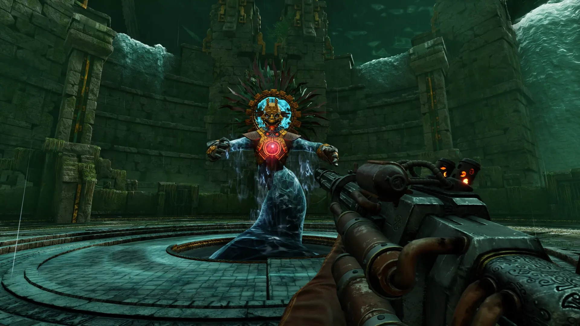 Abyssus: Player aiming weapon at a large aquatic creature in an ancient, submerged stone arena.