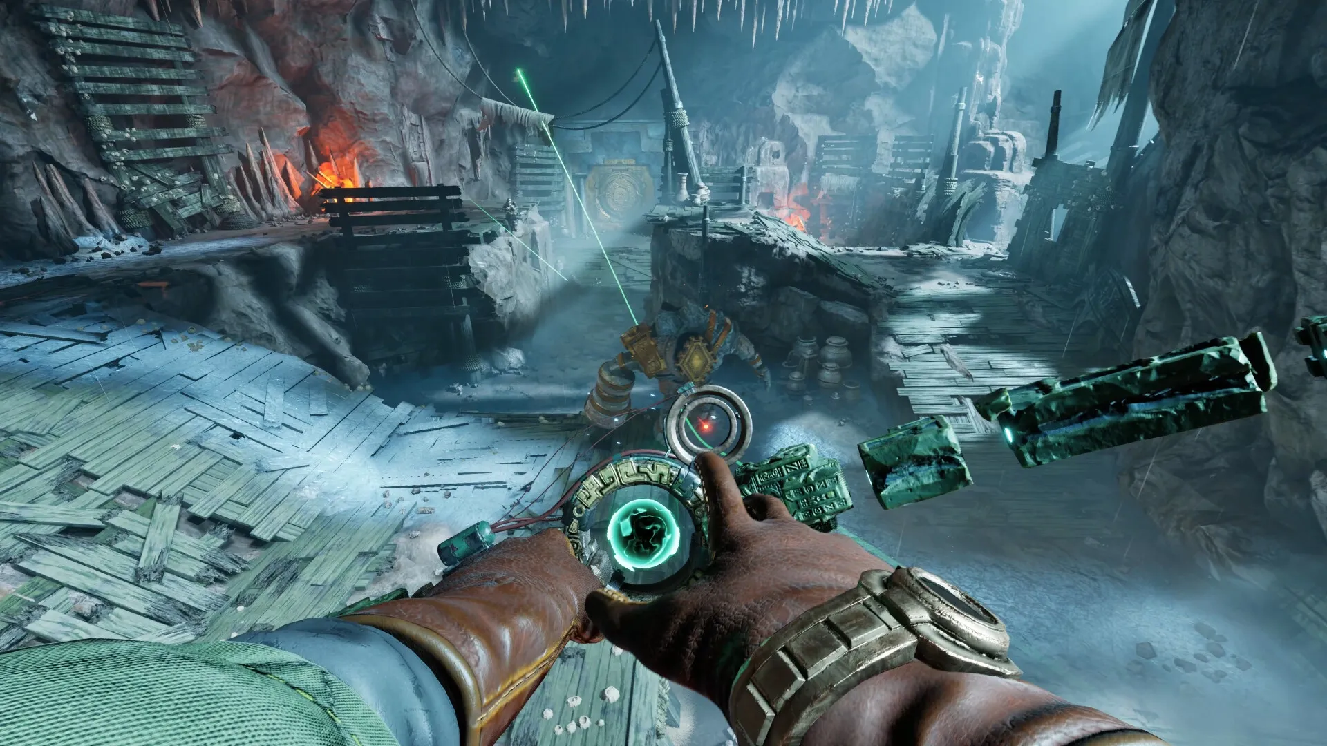 Abyssus: First-person view aiming at a giant creature in a cavern with wooden structures and glowing runes.