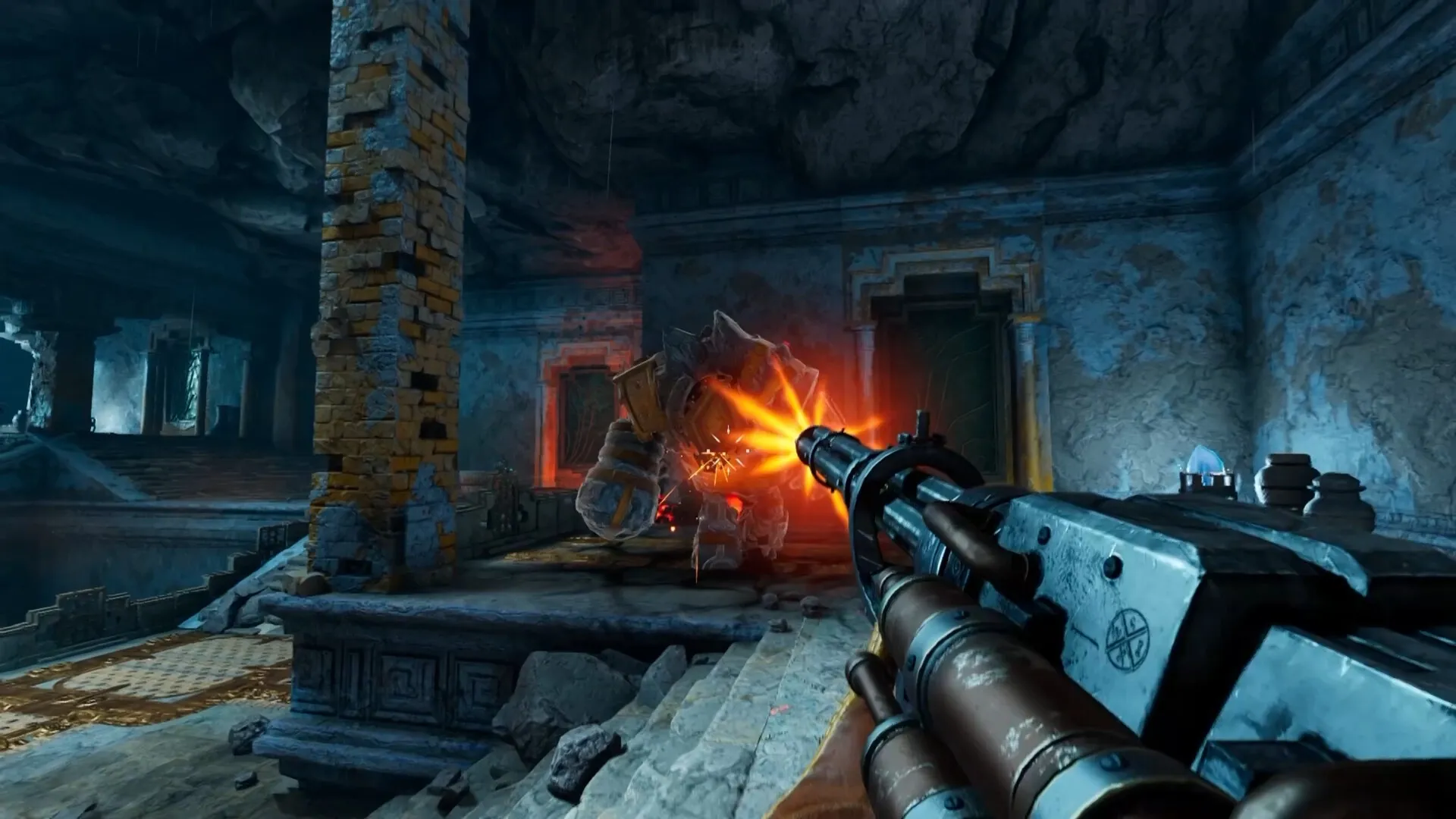 Abyssus: First-person combat against armored golem in ancient stone chamber with crumbling pillars