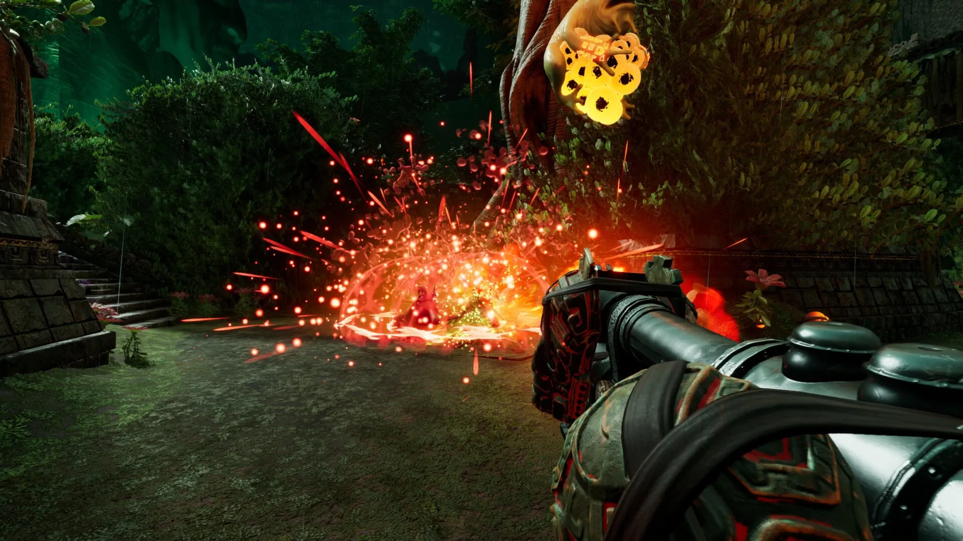Abyssus: First-person combat with explosive blast in lush jungle ruins environment