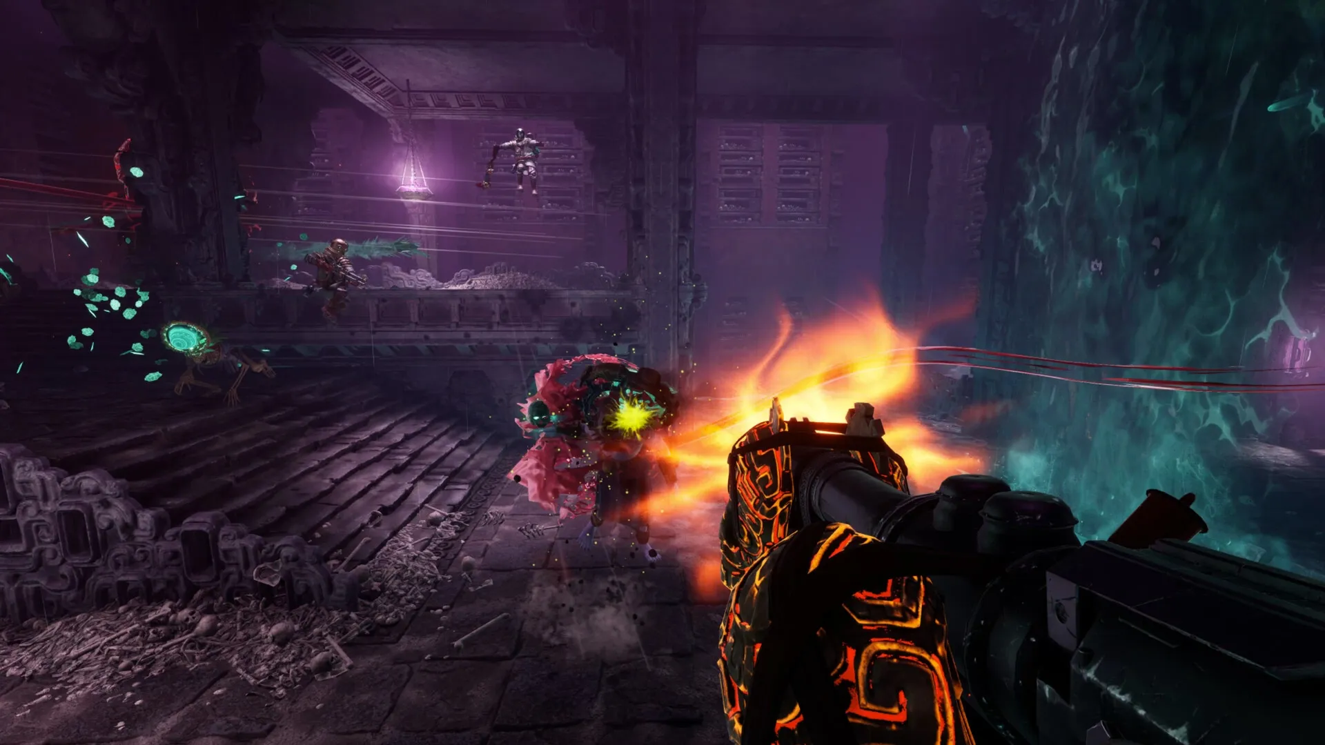 Abyssus: Player fires a glowing weapon at mutated enemies in an ancient, submerged temple corridor.