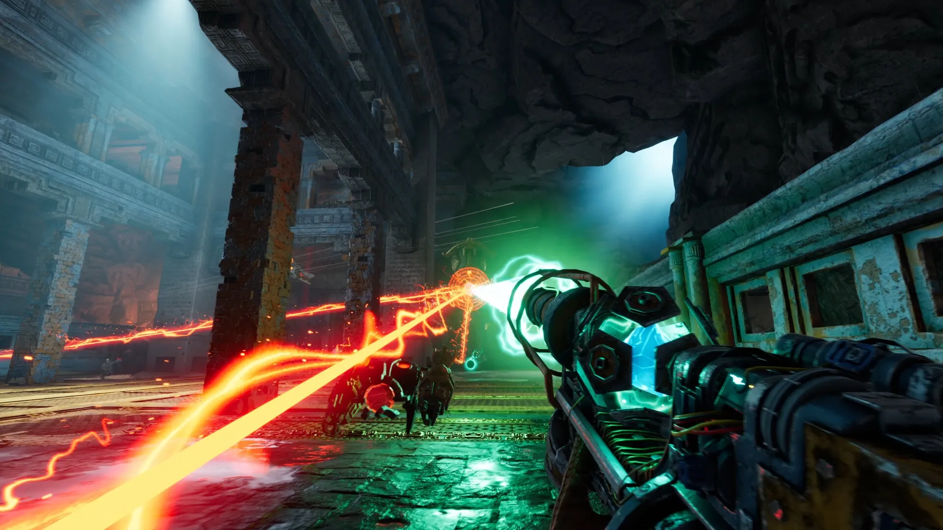 Abyssus: Player fires energy weapon at robotic enemies in an ancient, sunken temple environment.