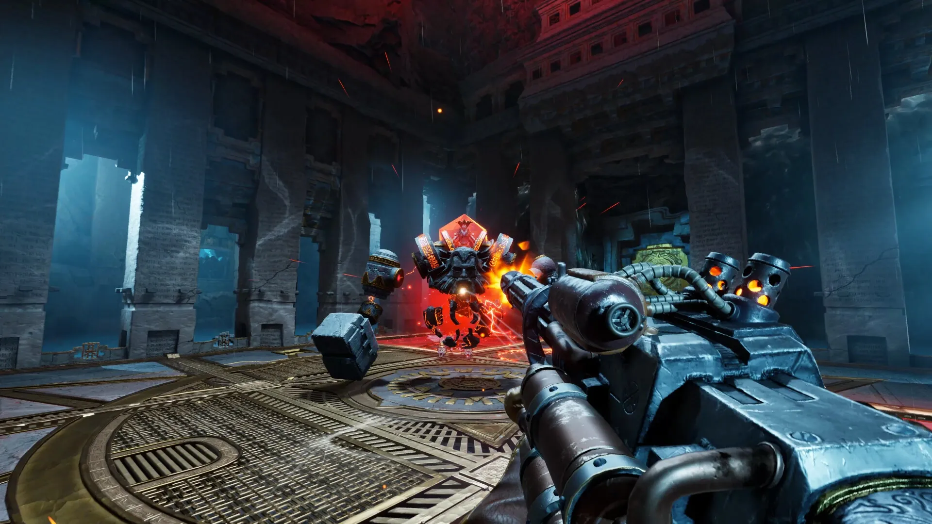 Abyssus: Player aiming at a massive, glowing mech enemy in an ancient, crumbling temple interior.
