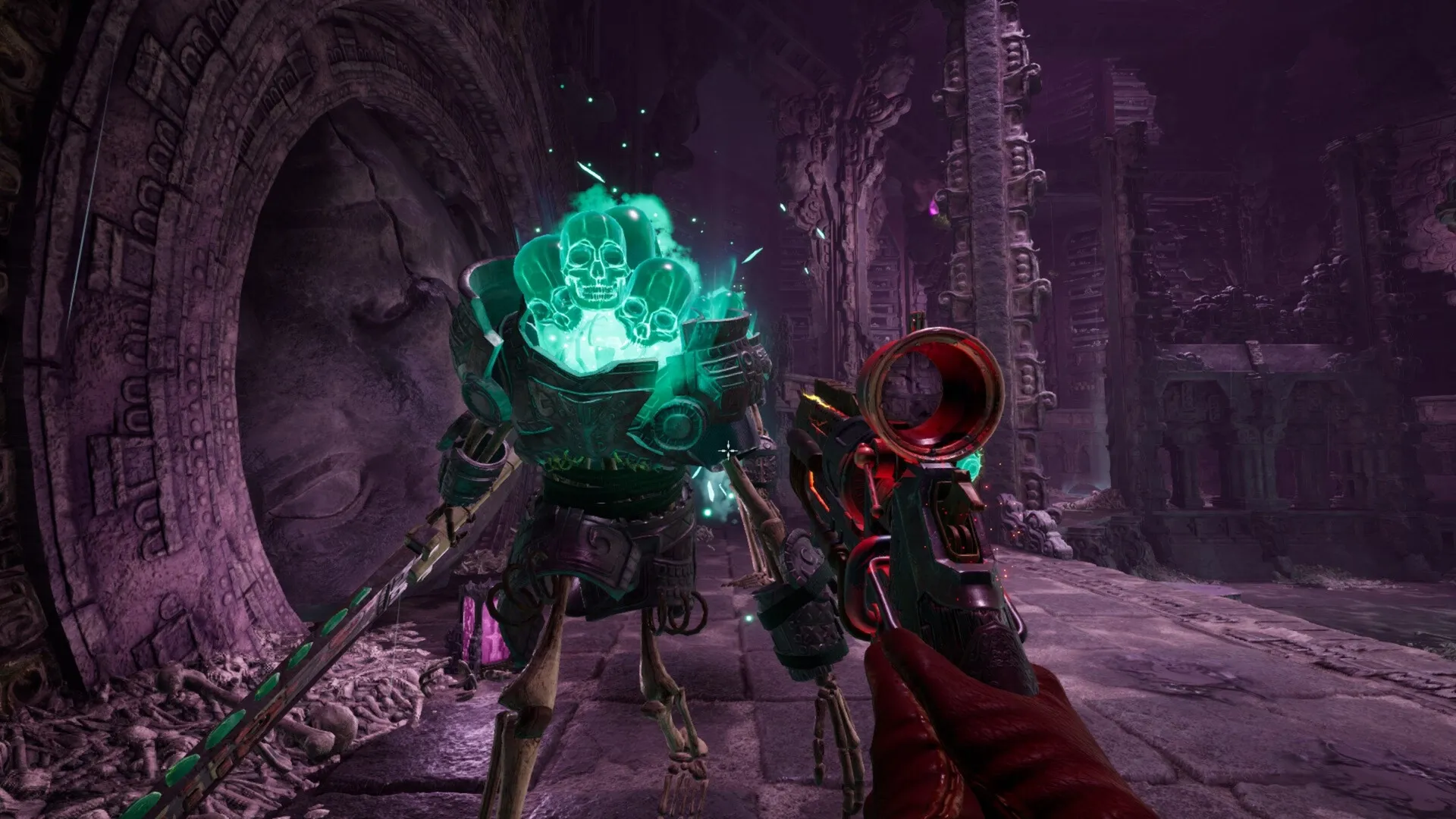 Abyssus: Player aiming at glowing skeletal enemy in ancient ruins with intricate carvings
