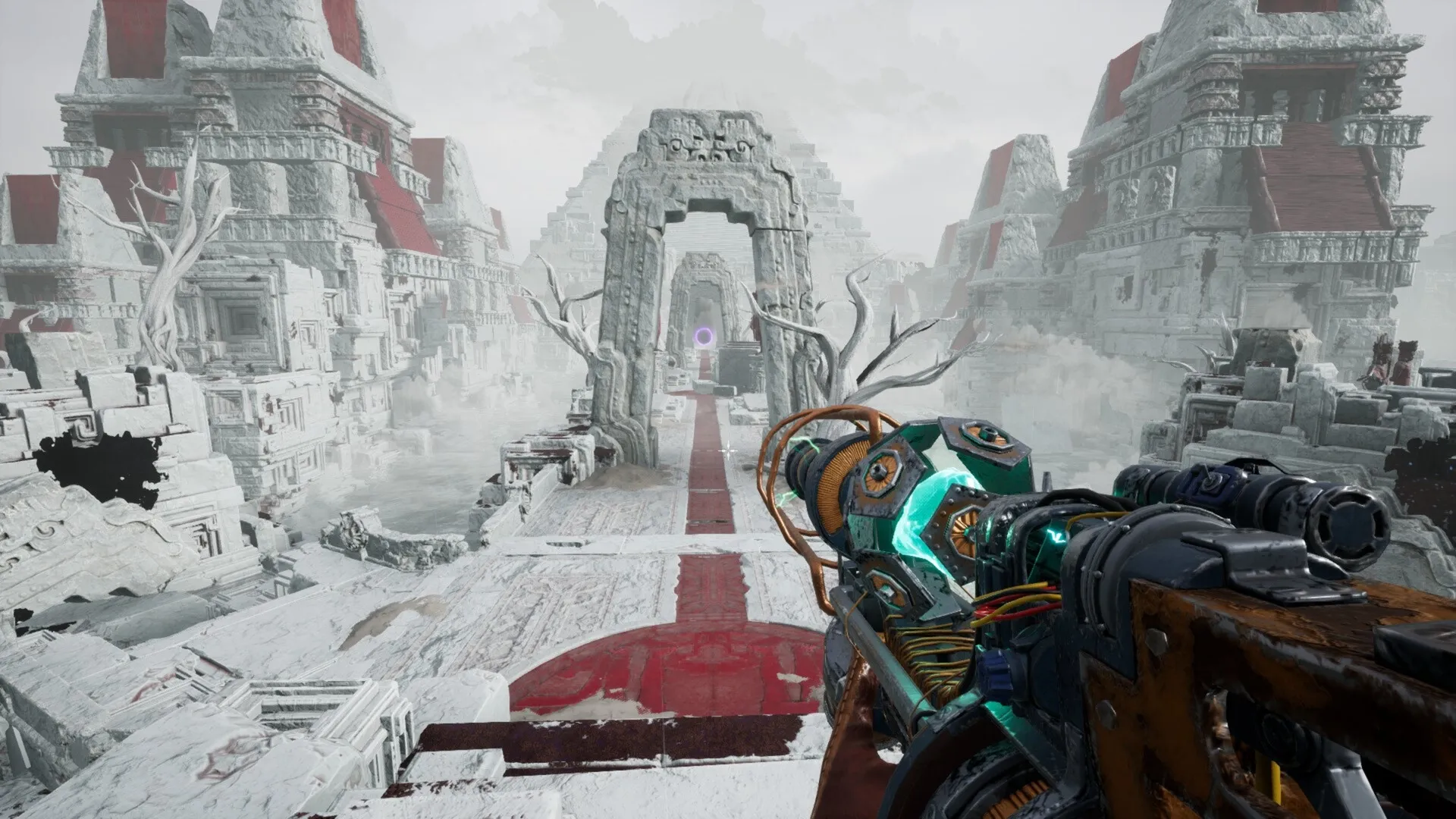Abyssus: First-person view aiming a futuristic weapon at ancient ruins with a glowing portal ahead