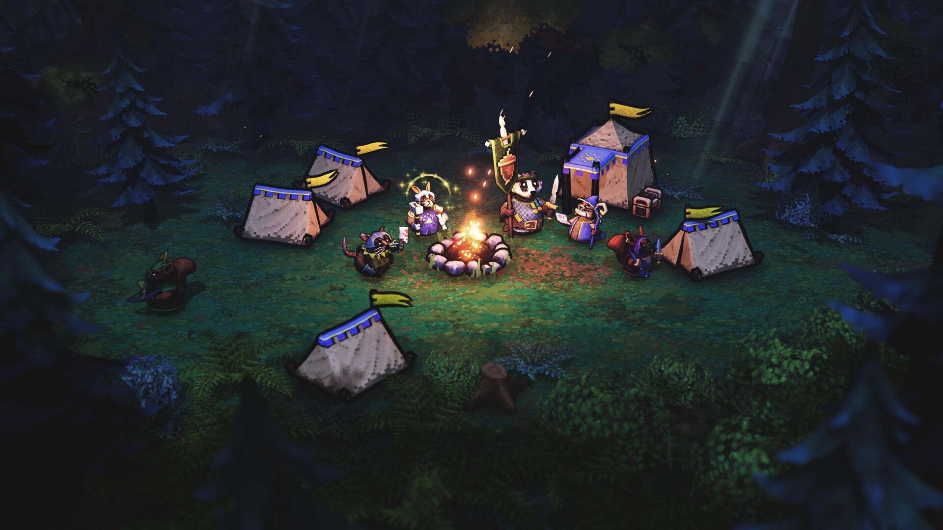 ACORN: Rodent party gathered around a campfire between tents in a moonlit forest campsite.