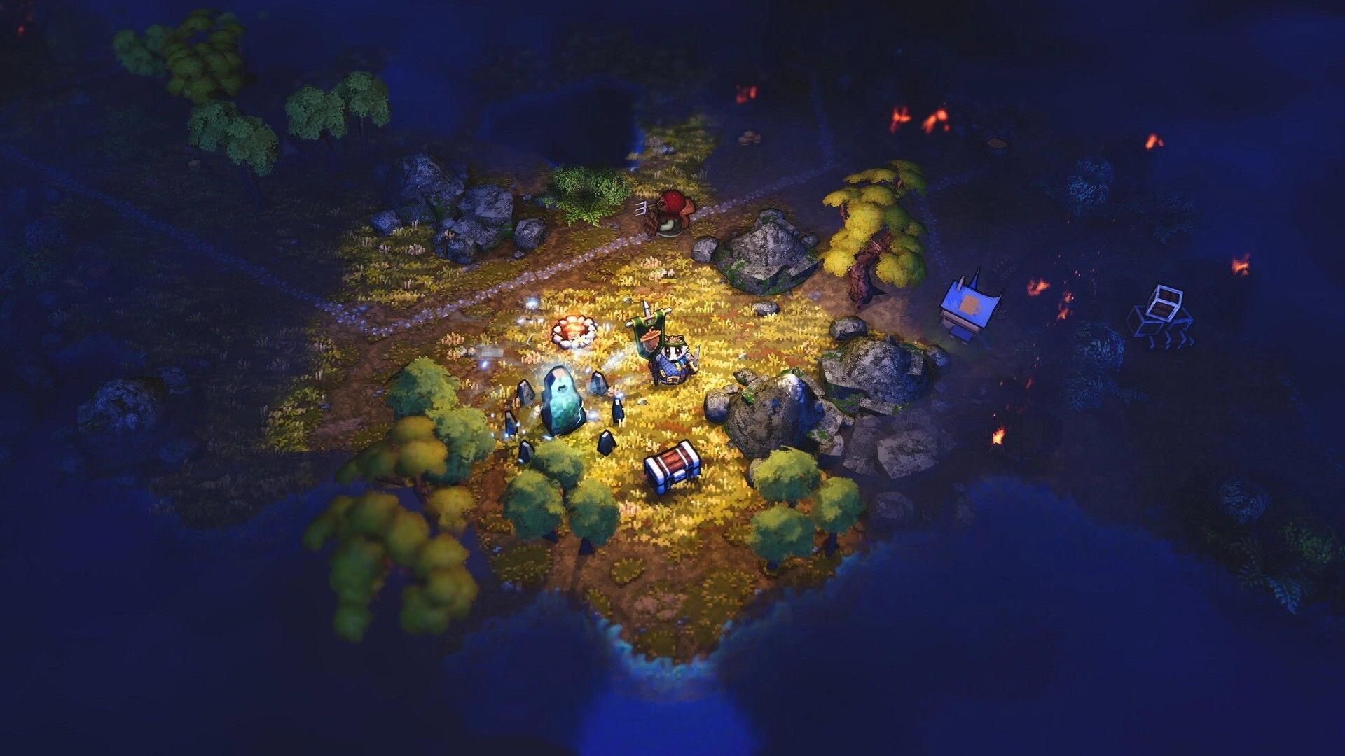 ACORN: Overworld map with a rodent hero near a glowing stone shrine, chest, and campfire in woods.