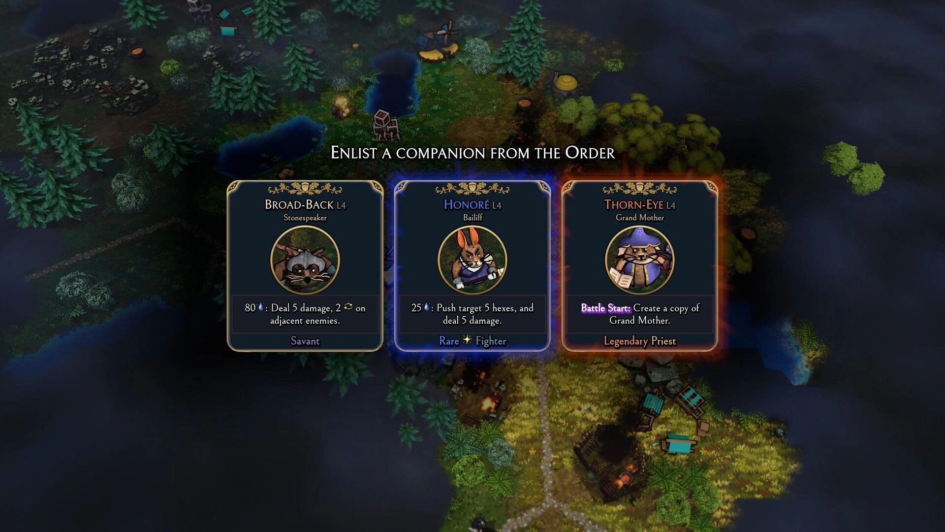 ACORN: Companion enlistment menu with three hero cards over a foggy forest map and ponds.