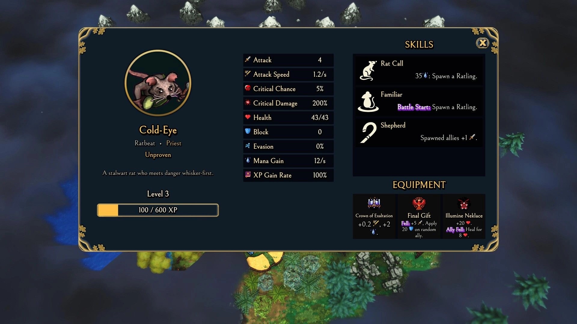 ACORN: Cold-Eye rat priest character sheet with stats, skills, and equipment over world map backdrop.