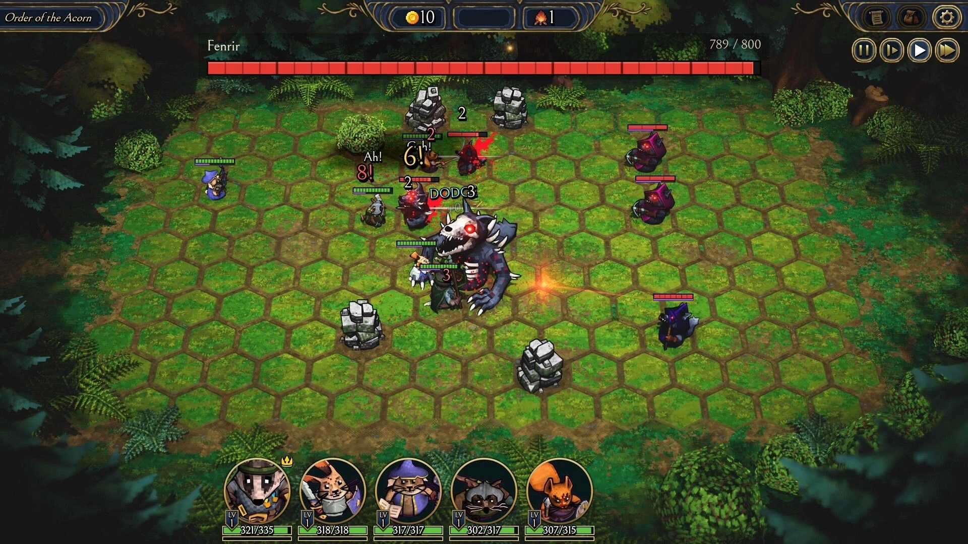ACORN: Party auto-battle versus Fenrir on forest hex grid with boss HP bar and hero portraits UI.