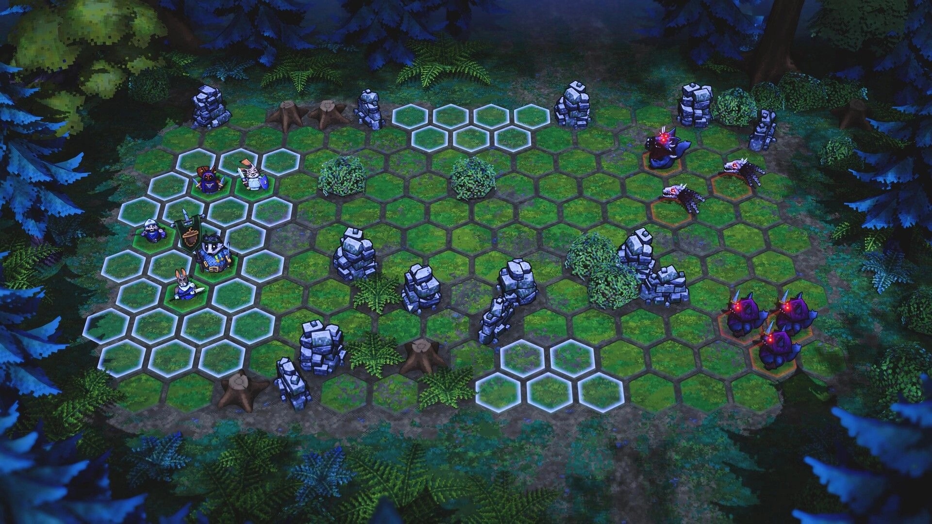 ACORN: Party units placed on glowing hex grid facing monsters in a forest battlefield with ruins.