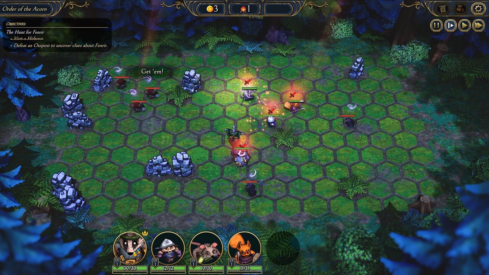 ACORN: Auto-battle on hex forest grid with rodents vs dark beasts, party portraits and objective UI up top.