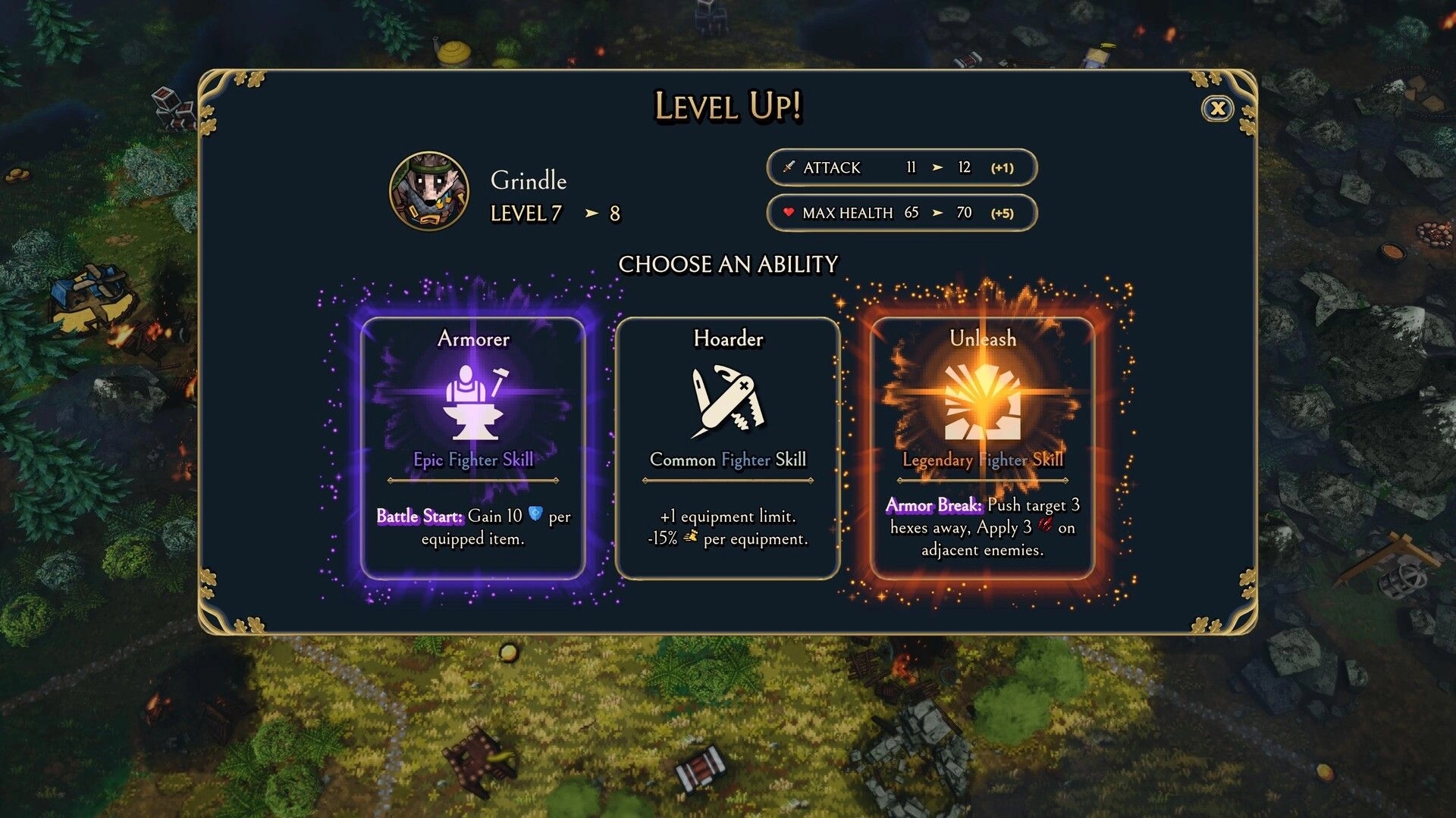 ACORN: Level Up menu for Grindle choosing Armorer, Hoarder, or Unleash over forest map backdrop.