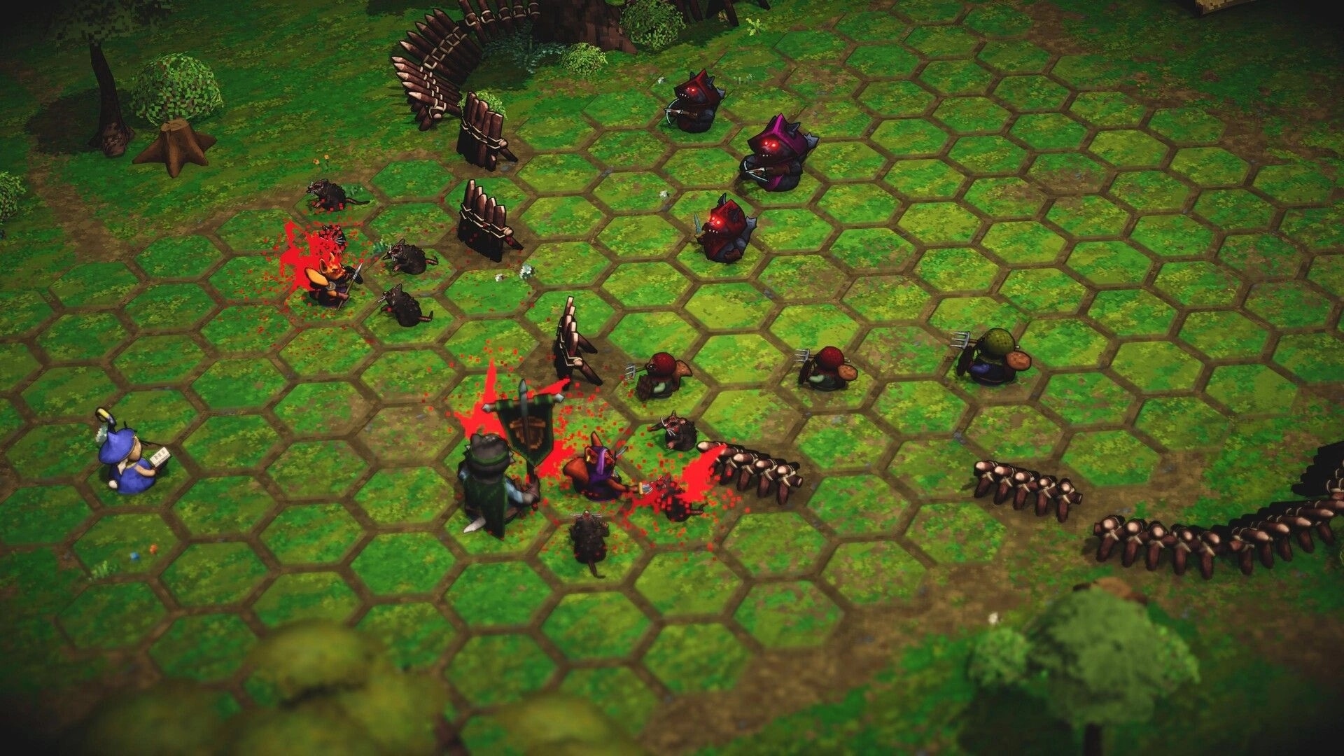 ACORN: Auto-battle on hex grid as armed rodents fight dark foes amid wooden spike barricades.