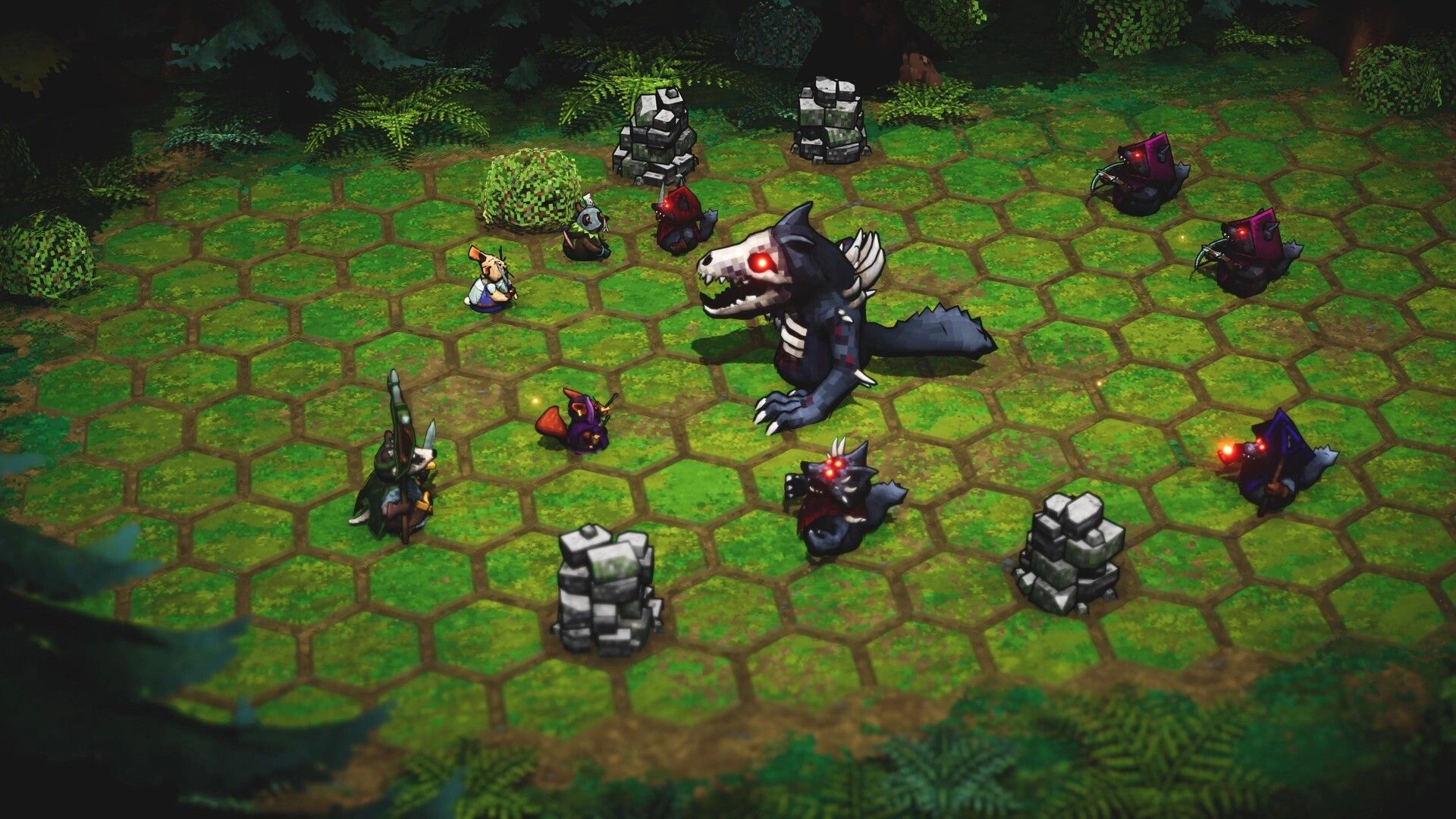 ACORN: Auto-battle clash versus a giant wolf on a hex forest grid with rodents and stone ruins.