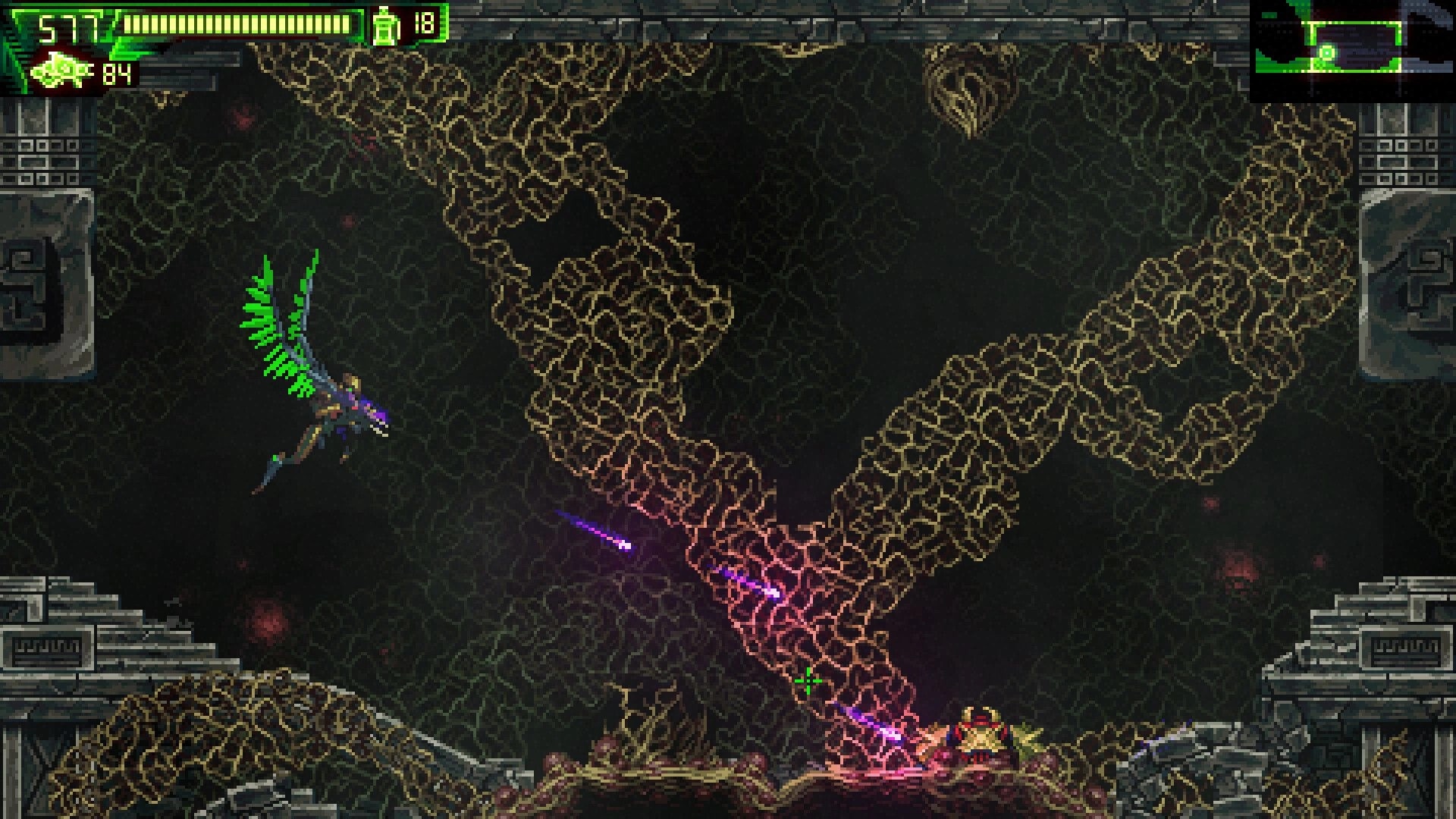 Acrolyte: Character flying in cavernous environment with health bar and mini-map visible
