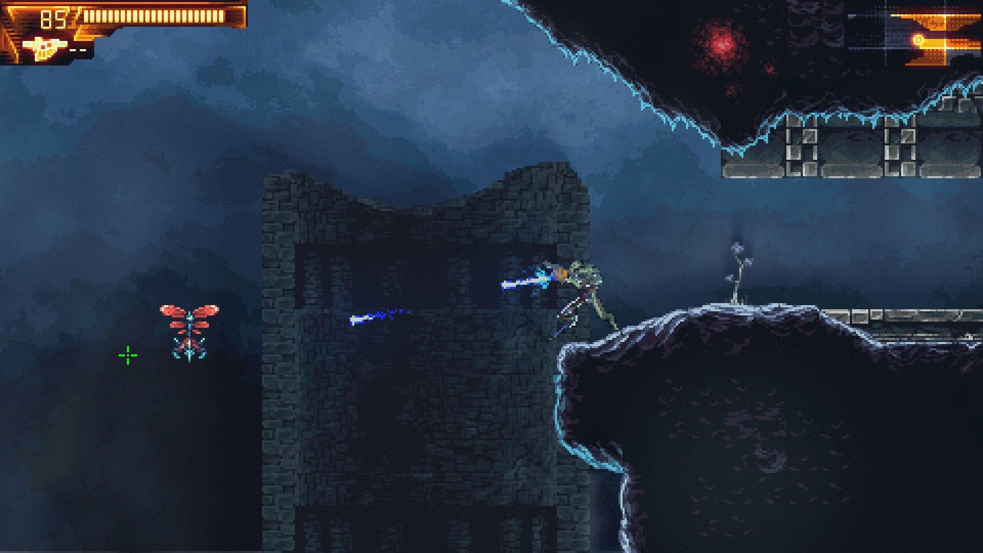 Acrolyte: Player fires energy shots at flying enemy in dark, cavernous alien landscape