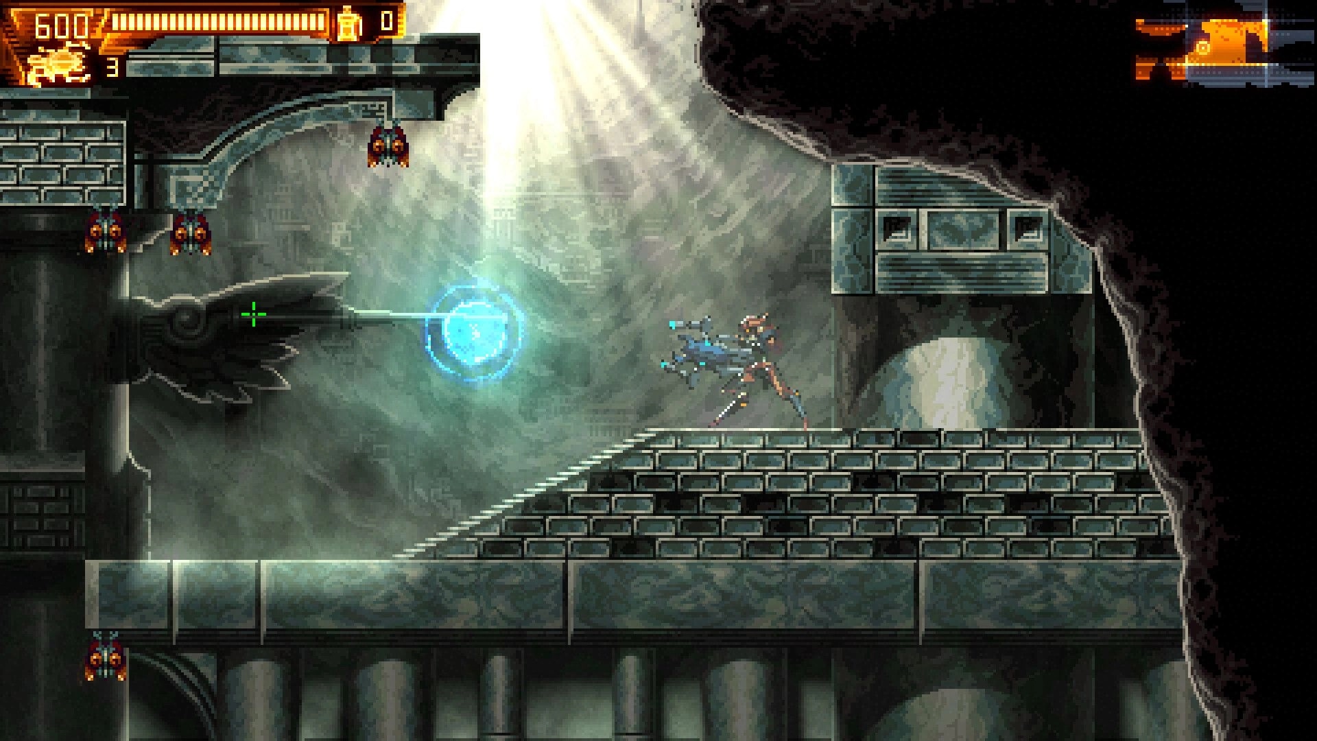 Acrolyte: Character firing energy blast at enemies in a stone platform environment with gothic design